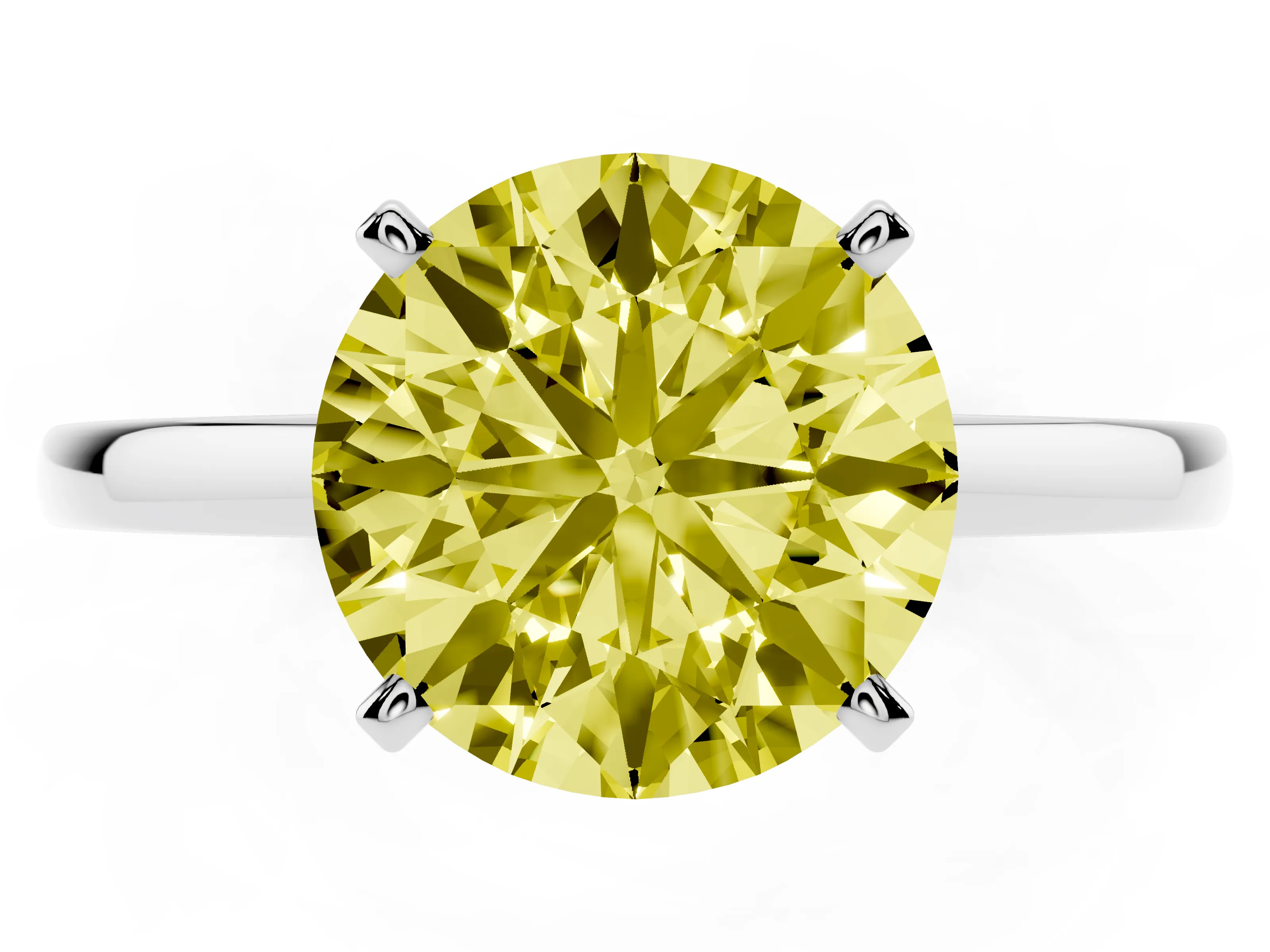 Fancy Yellow Round Cut Diamond Solitaire Engagement Ring Set in Platinum with Prong Setting on a Classic Band