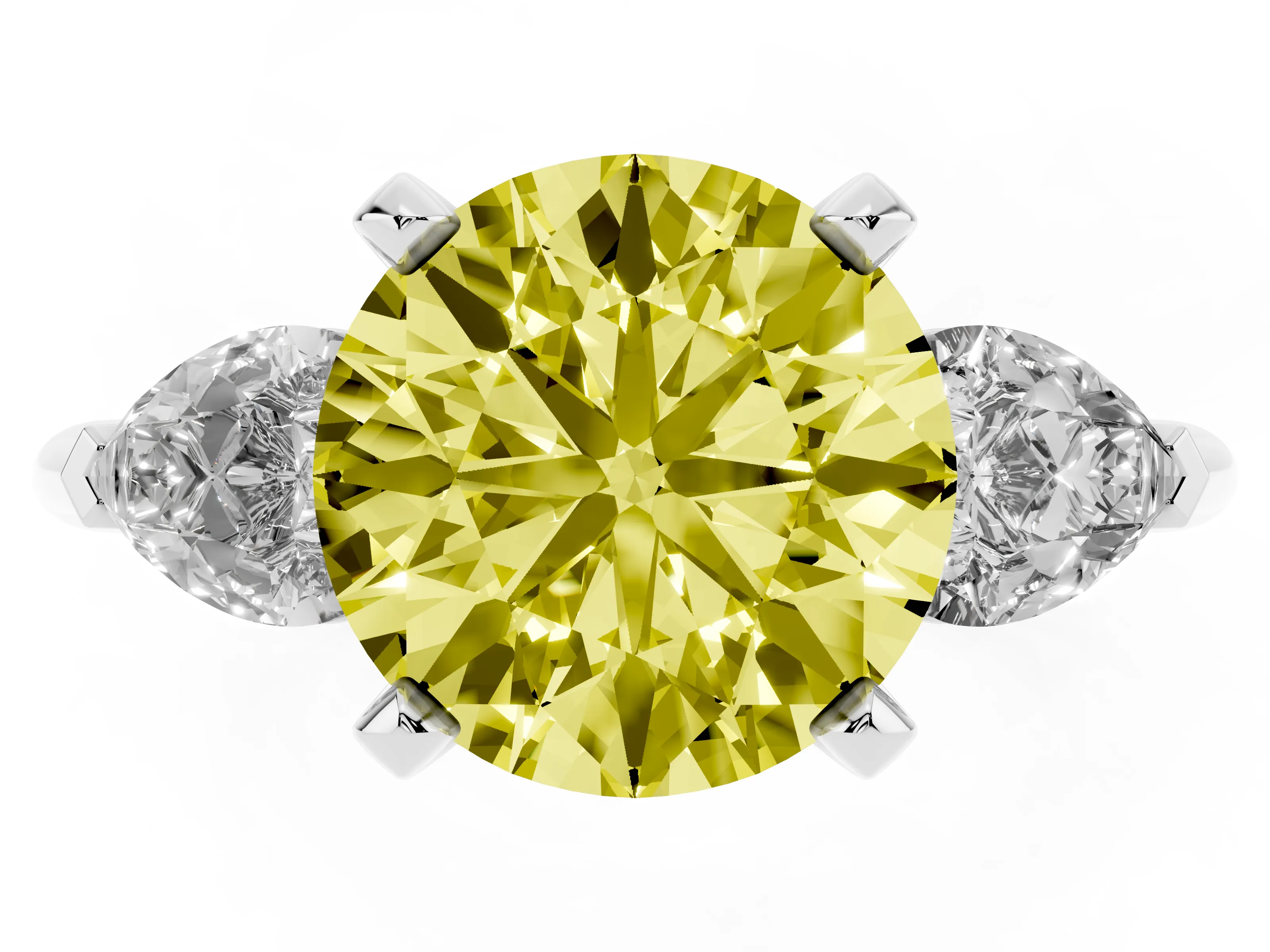 Fancy Yellow Three-Stone Round Cut Diamond Ring Set in Platinum with Pear Side Stones and Prong Setting