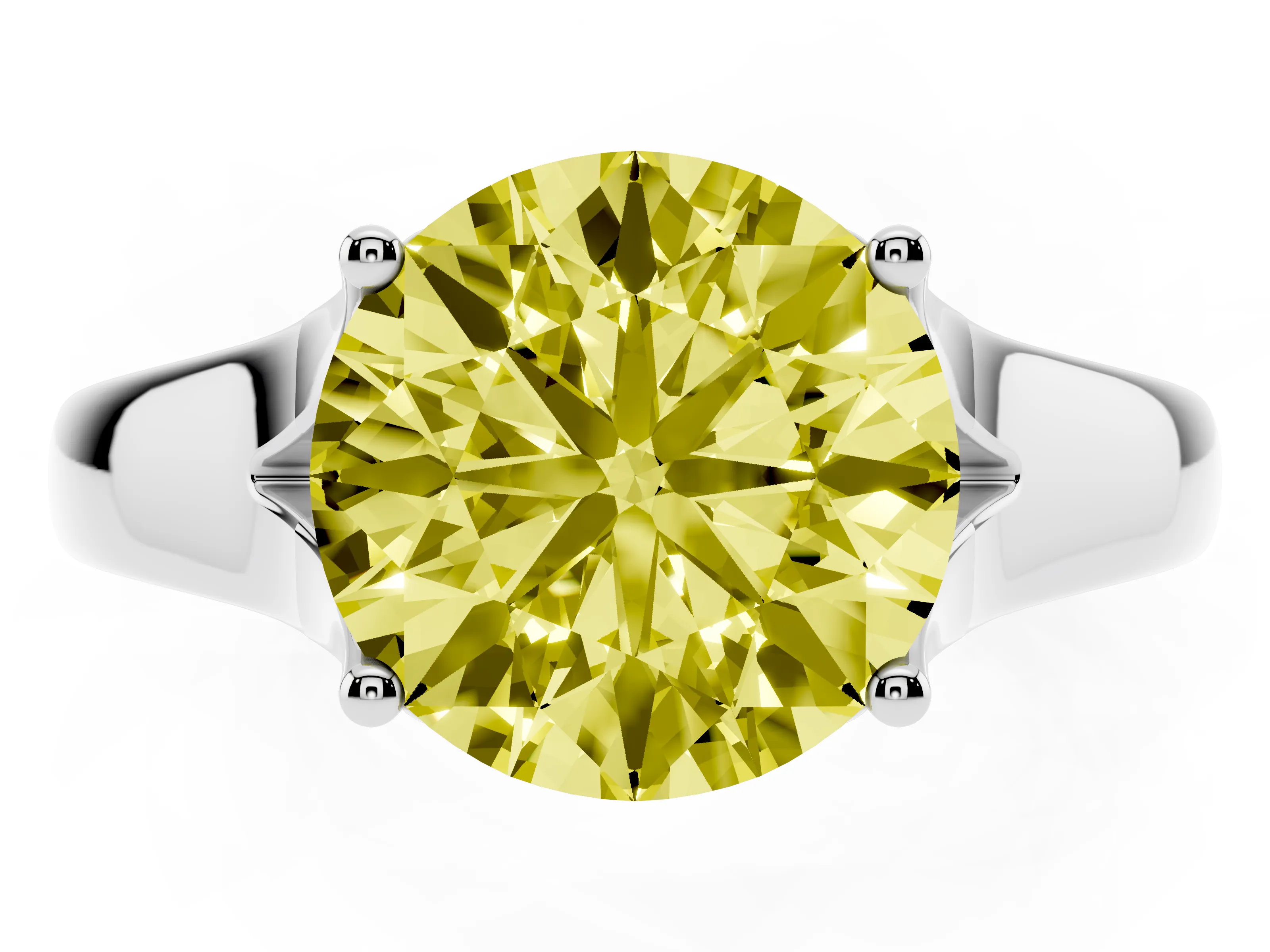 Fancy Yellow Round Cut Diamond Solitaire Ring Set in White gold with Arched Cathedral Band and Prong Setting