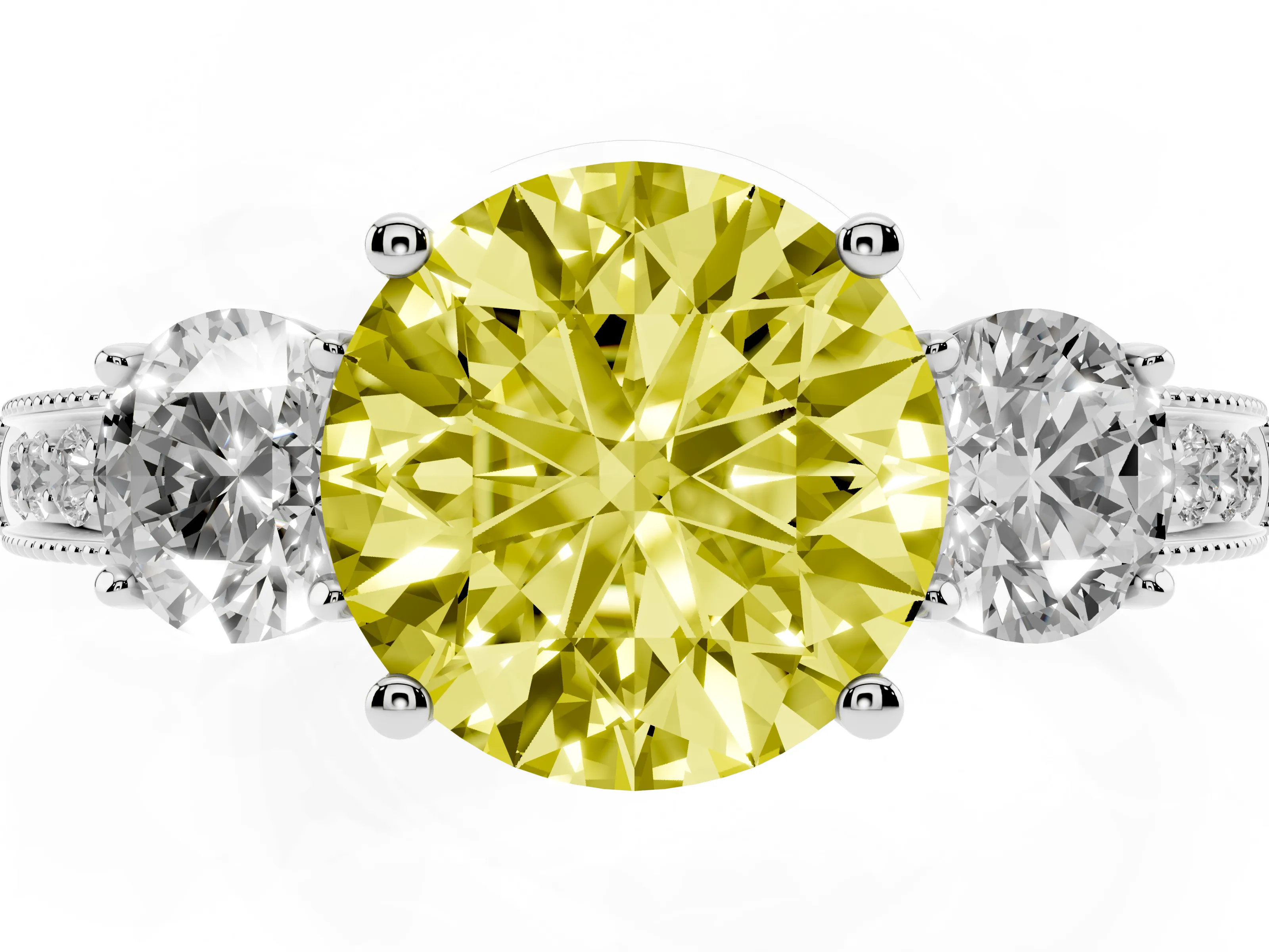Fancy Yellow Round Cut Diamond Three-Stone Ring Set in Platinum with Round Side Stones and Pavé Band