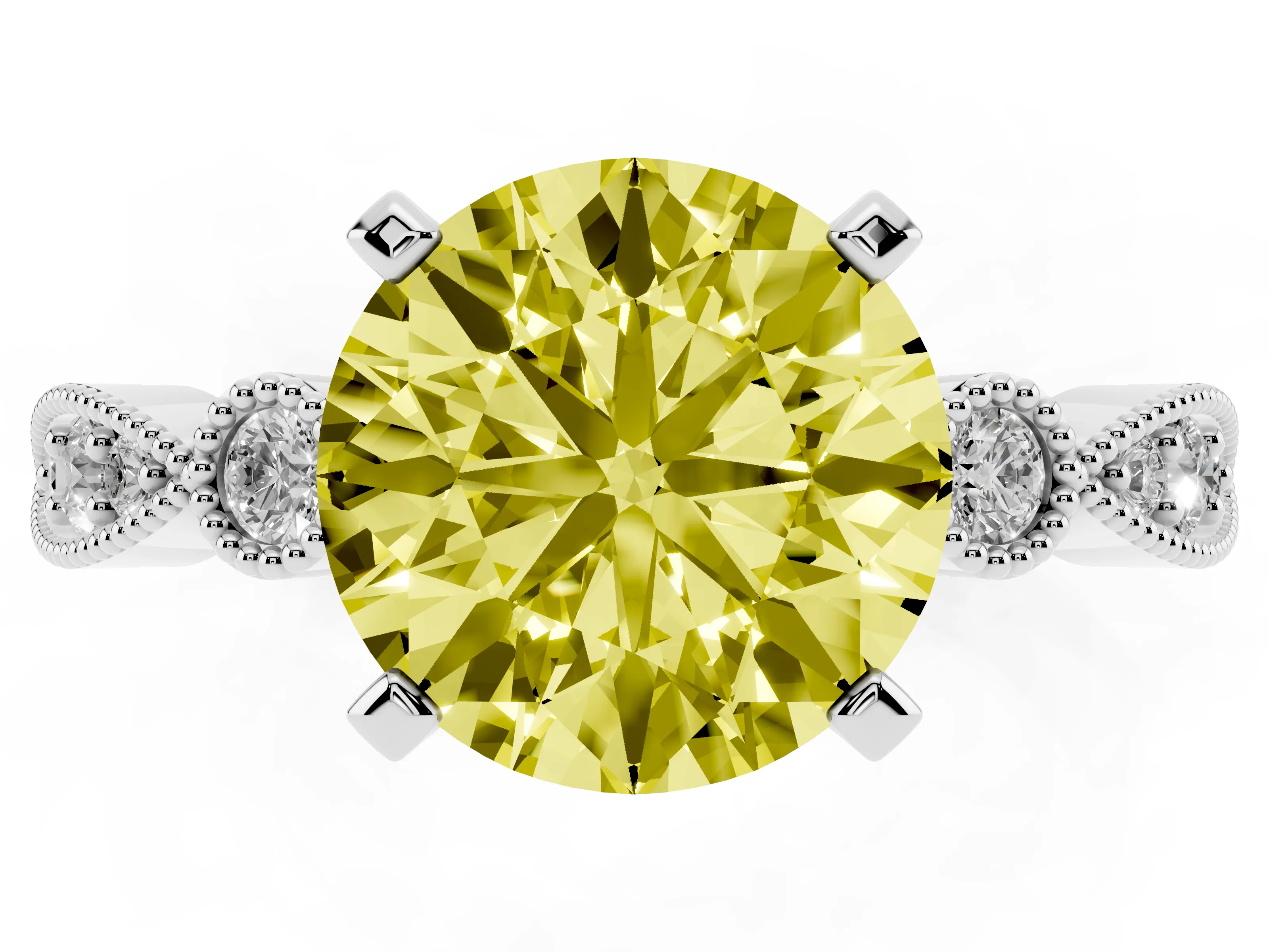 Fancy Yellow Round Cut Diamond Solitaire Engagement Ring Set in Silver with Milgrain Bezel Accent Band