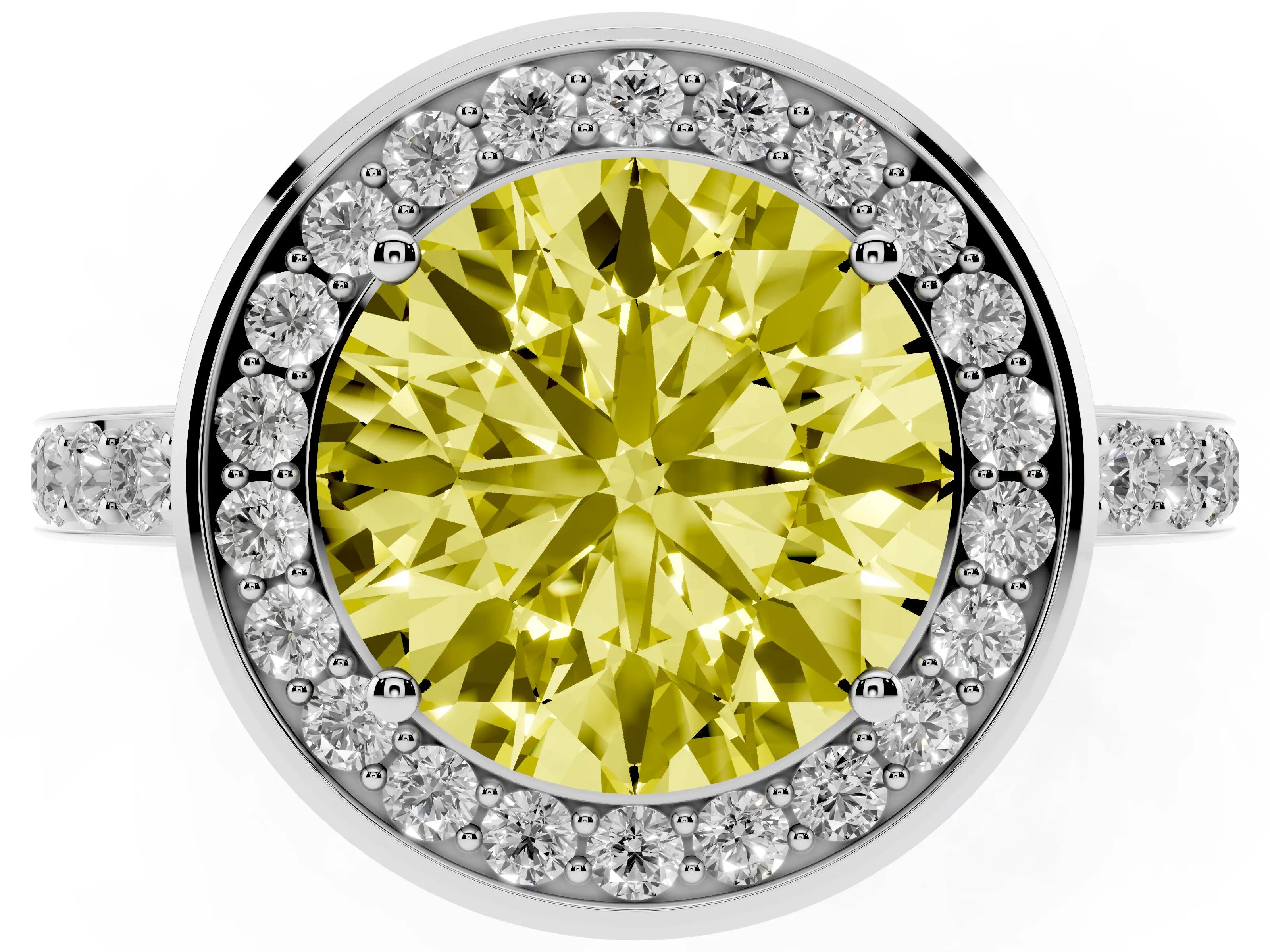 Fancy Yellow Round Cut Diamond Halo Ring Set in Silver with Bezel Frame and Pavé Band
