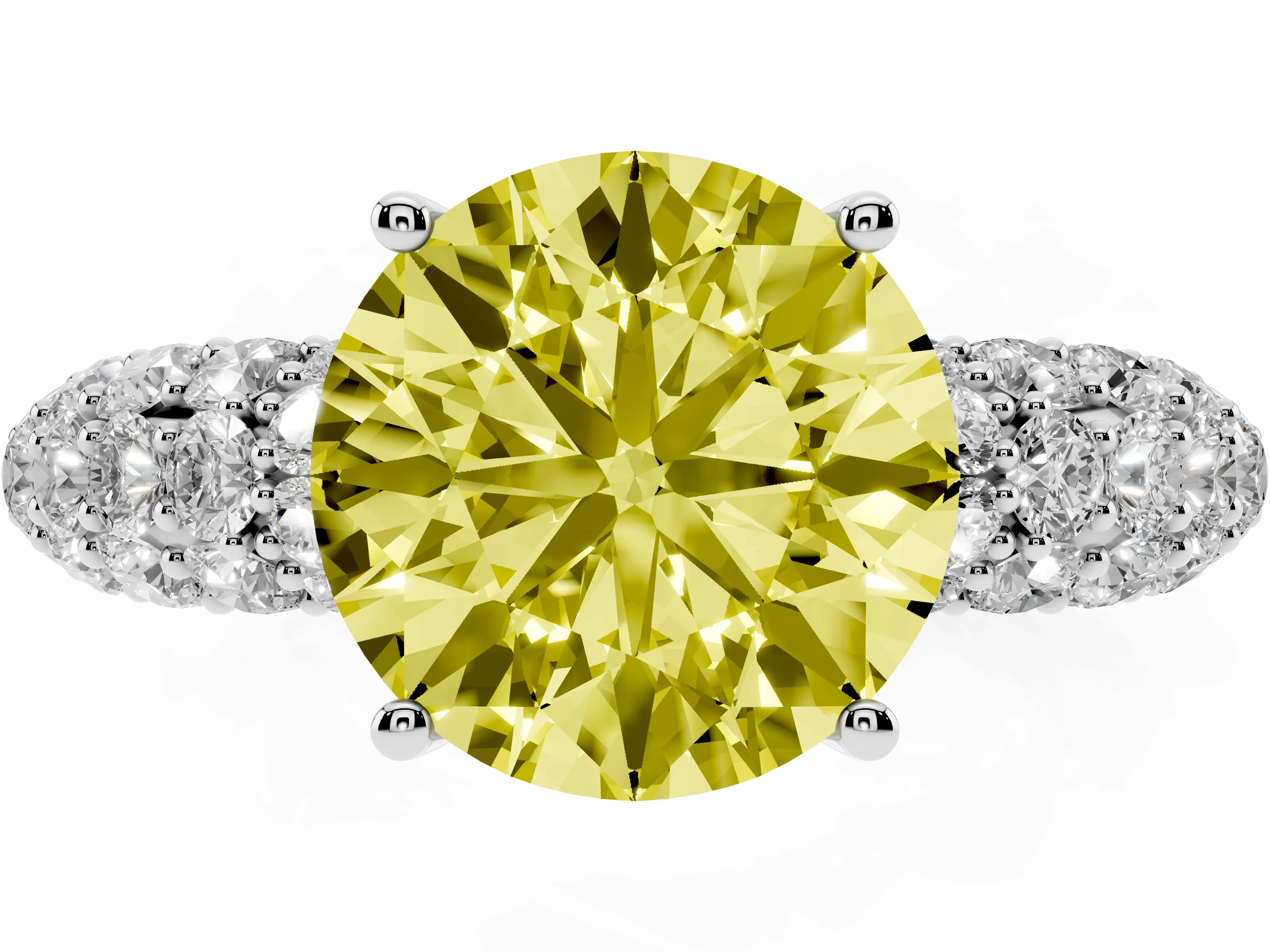 Fancy Yellow Round Cut Diamond Pavé Band Solitaire Ring Set in Silver with Close-Set Accent Stones and Prong Setting