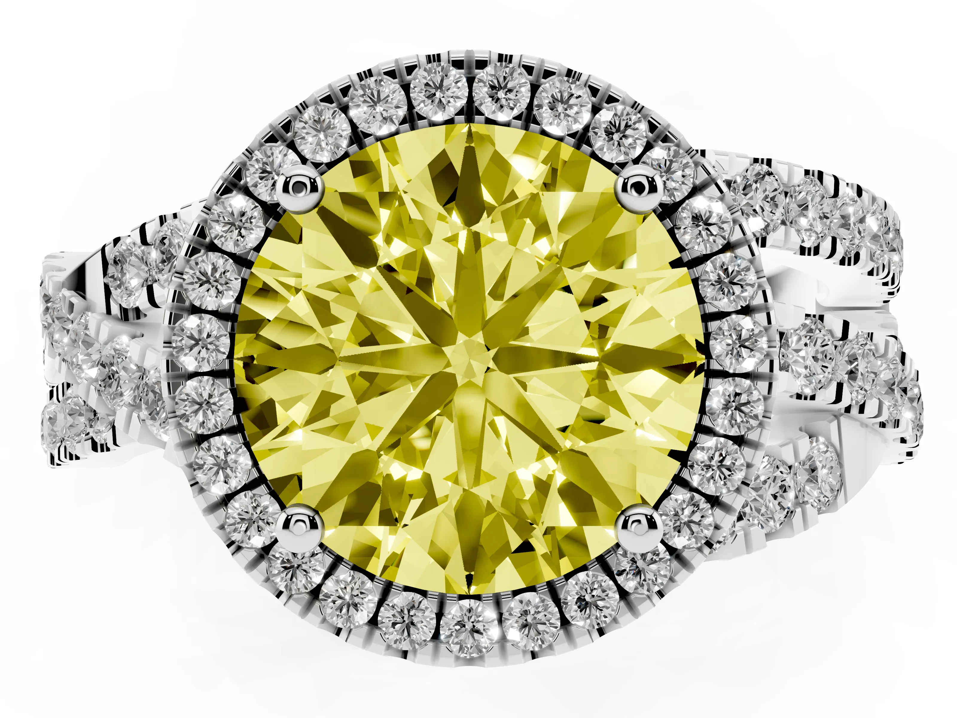 Fancy Yellow Round Cut Diamond Halo Ring Set in Platinum with Round Crossover Split Shank and Prong Setting