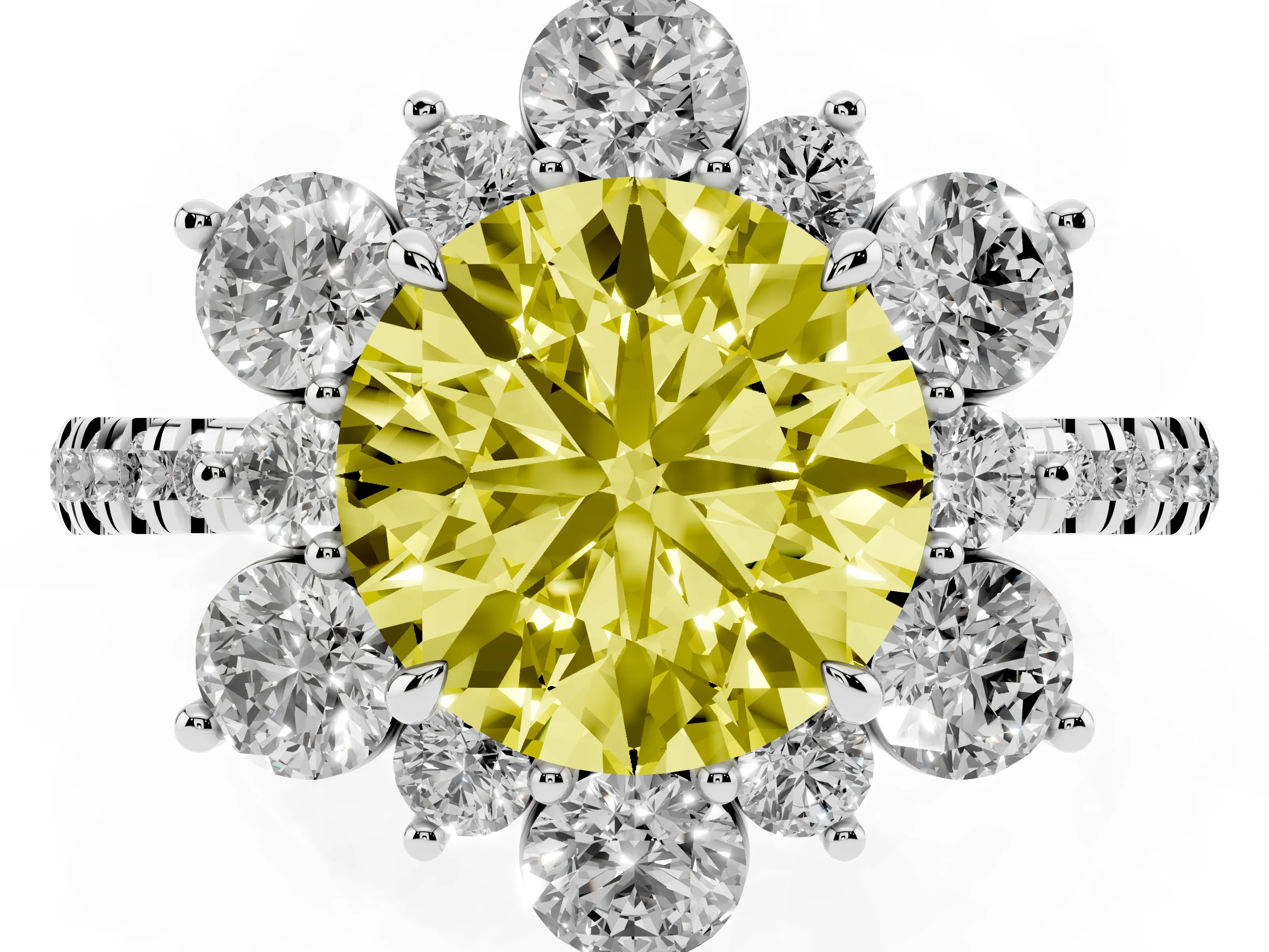 Fancy Yellow Round Cut Diamond Floral Halo Ring Set in Platinum with Round Pavé Band and Prong Setting