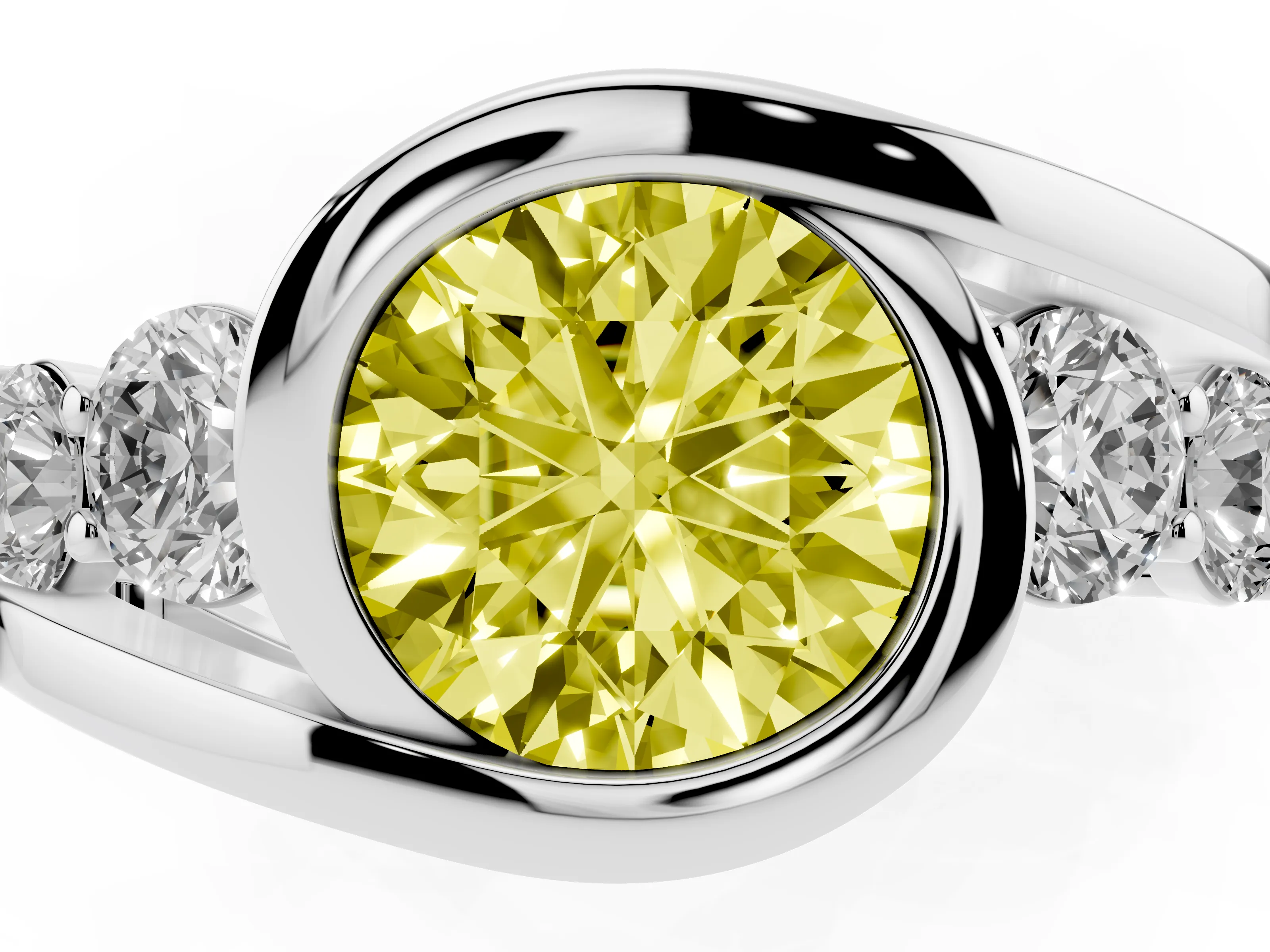 Fancy Yellow Round Cut Diamond Bezel Bypass Ring Set in Silver with Round Accents