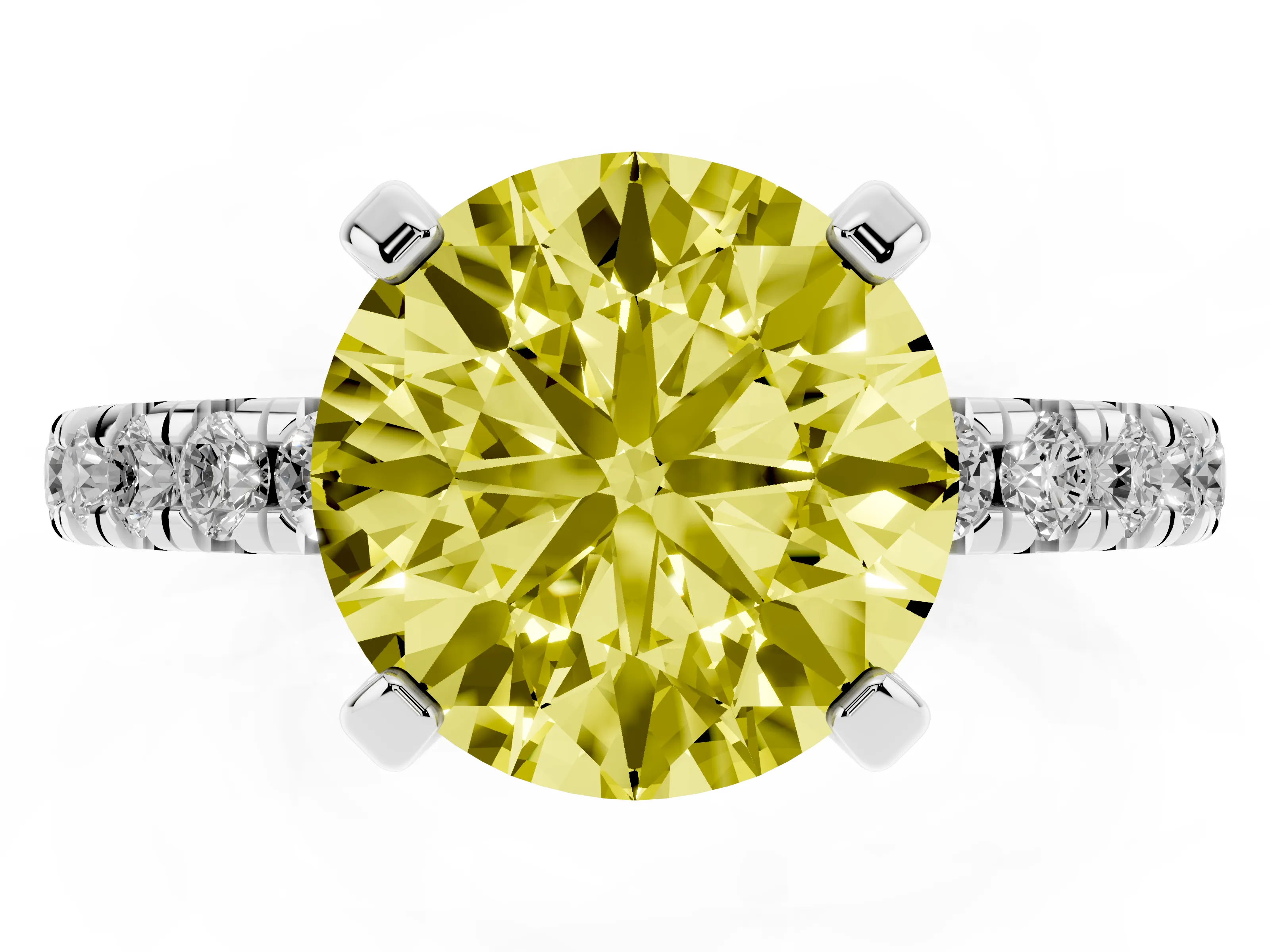 Fancy Yellow Round Cut Diamond Pavé Solitaire Ring Set in White gold with Round Band and Prong Setting