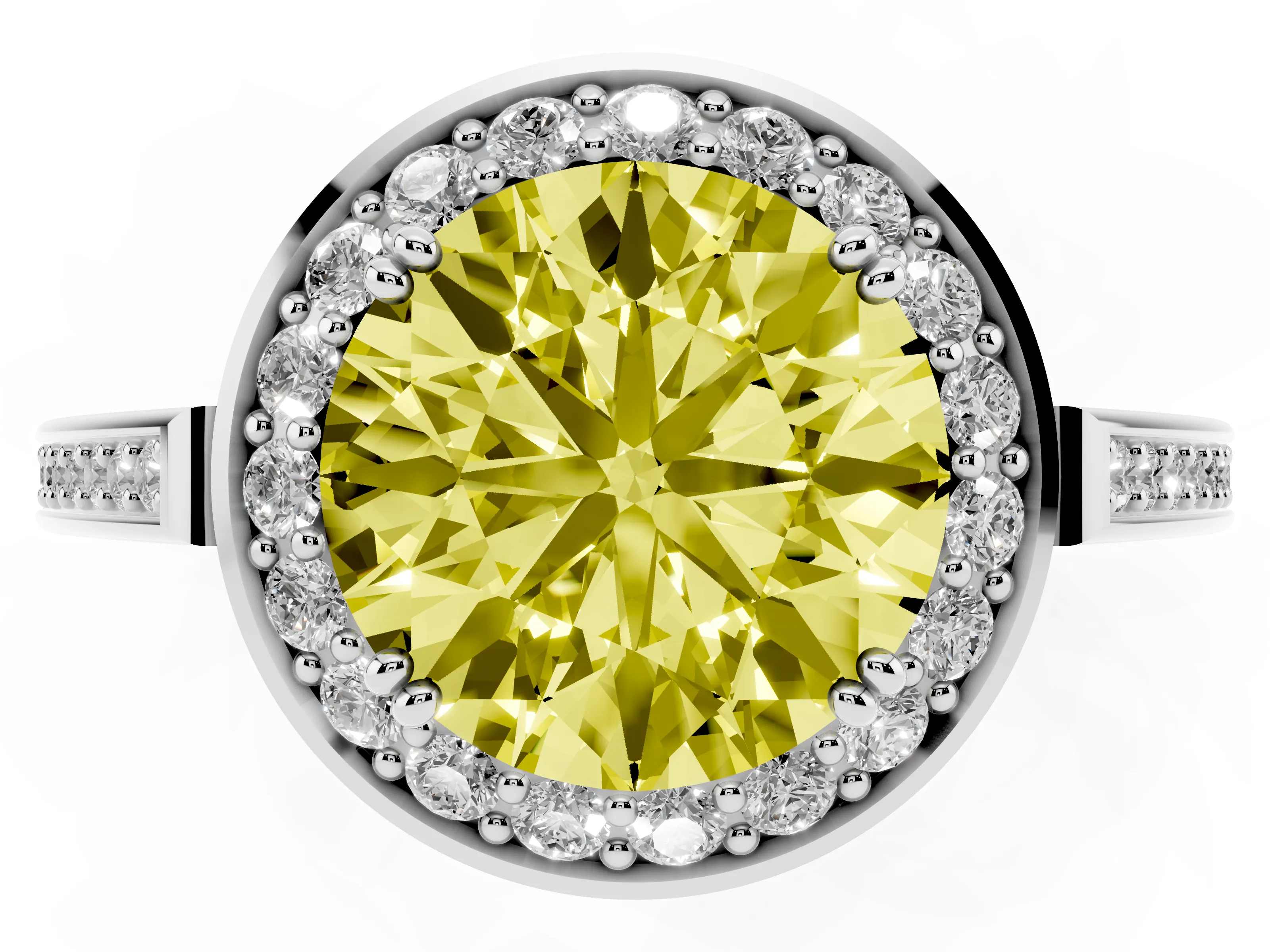 Fancy Yellow Round Cut Diamond Halo Ring Set in Silver with Accent-Lined Split Shank and Prong Setting