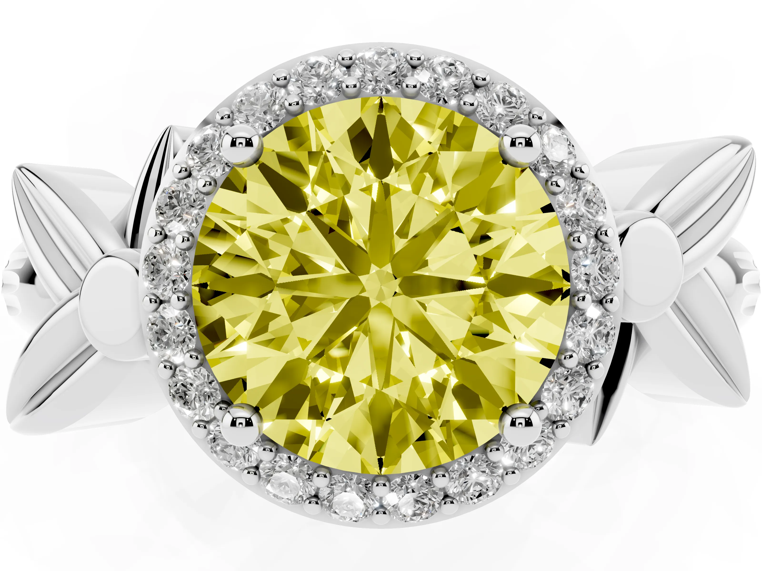 Fancy Yellow Round Cut Diamond Halo Floral Band Ring Set in Silver with Prong Setting