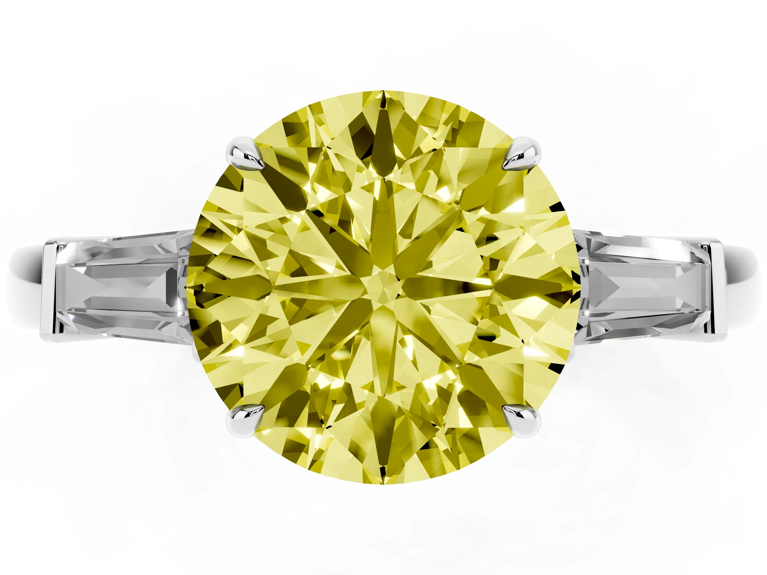 Fancy Yellow Round Cut Diamond Three-Stone Ring Set in White gold with Tapered Baguette Side Stones and Prong Setting
