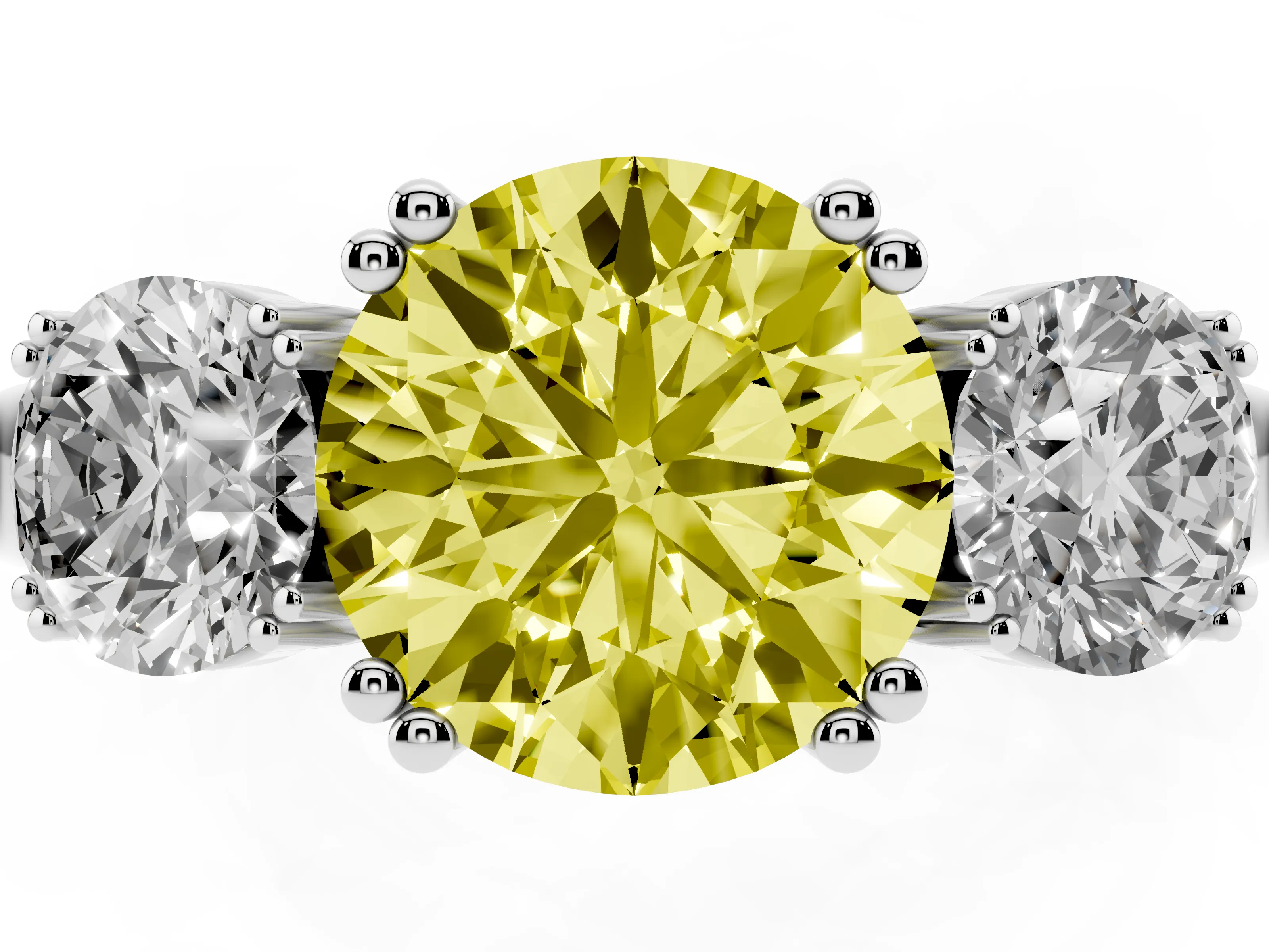 Fancy Yellow Round Cut Diamond Three-Stone Ring Set in White gold with Polished Channel-Set Band