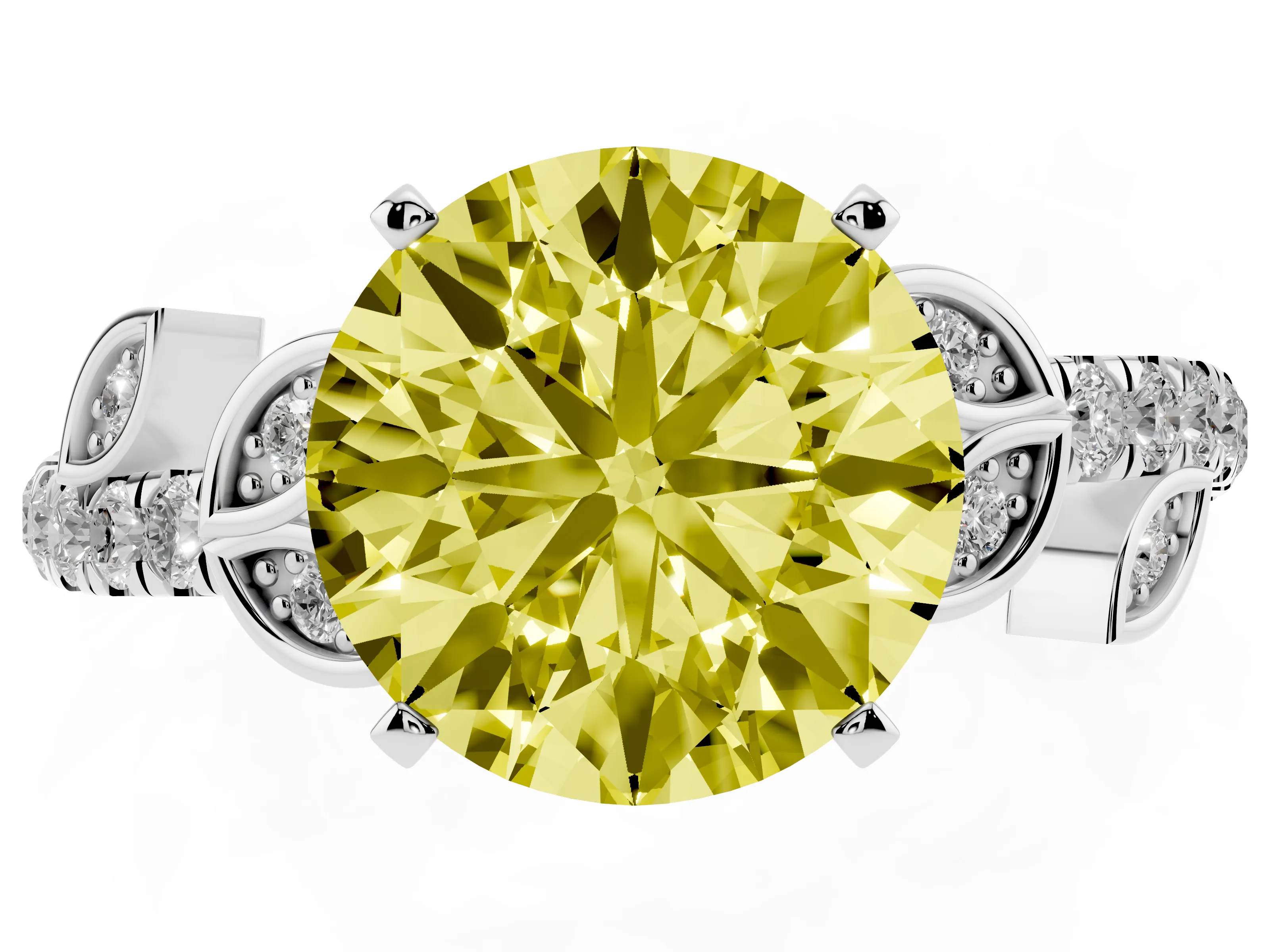 Fancy Yellow Round Cut Diamond Solitaire Leaf-Inspired Ring Set in Platinum with Pavé Band and Prong Setting