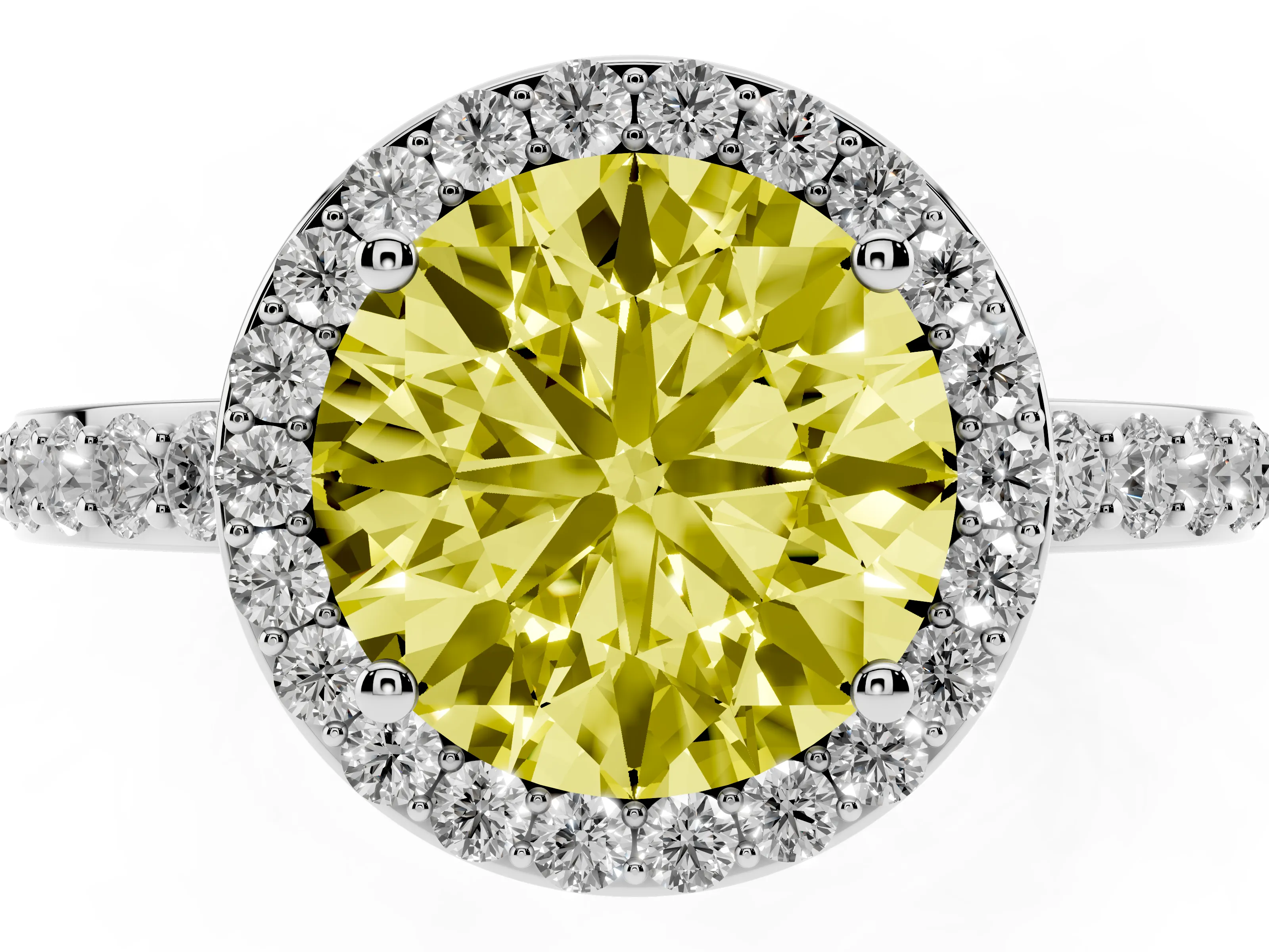 Fancy Yellow Round Cut Diamond Halo Ring Set in White gold with Pavé-Setting Band and Open Prong Center