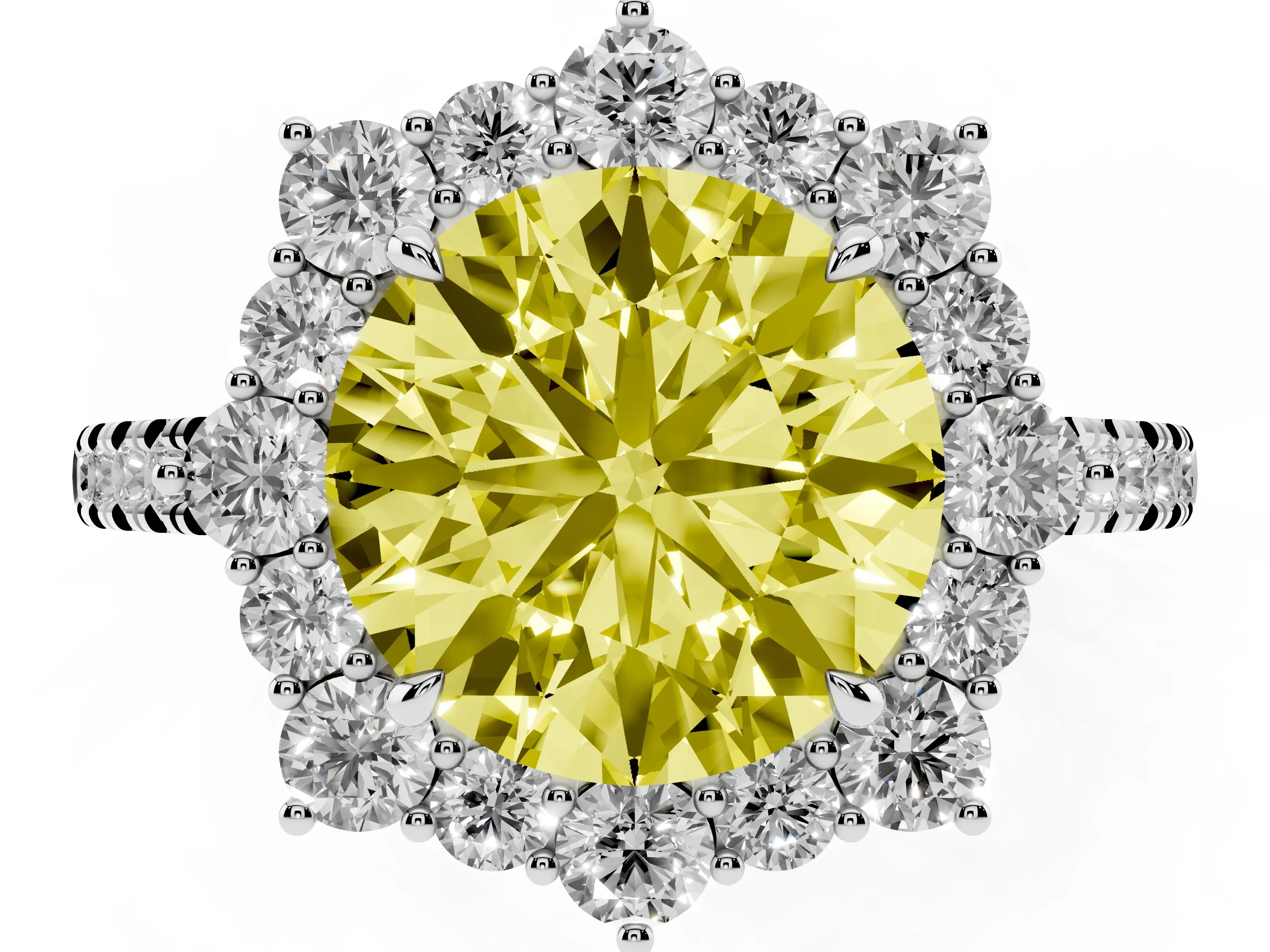 Fancy Yellow Round Cut Diamond Halo Ring Set in Silver with Pavé Band and Prong Setting