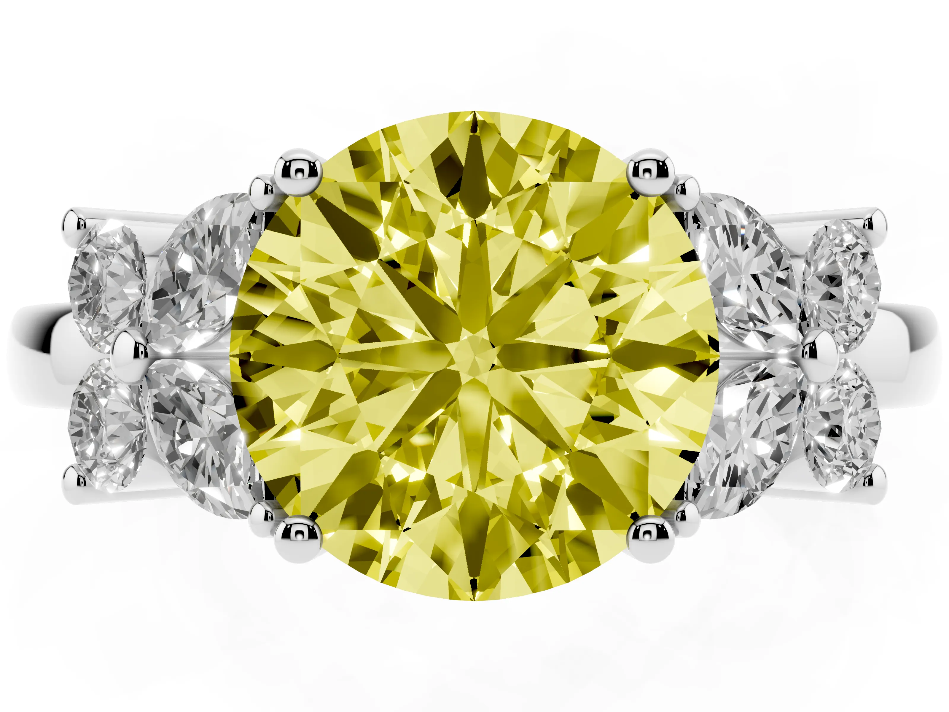Fancy Yellow Round Cut Diamond Floral Cluster Ring Set in Platinum with Marquise Petals and Prong Setting