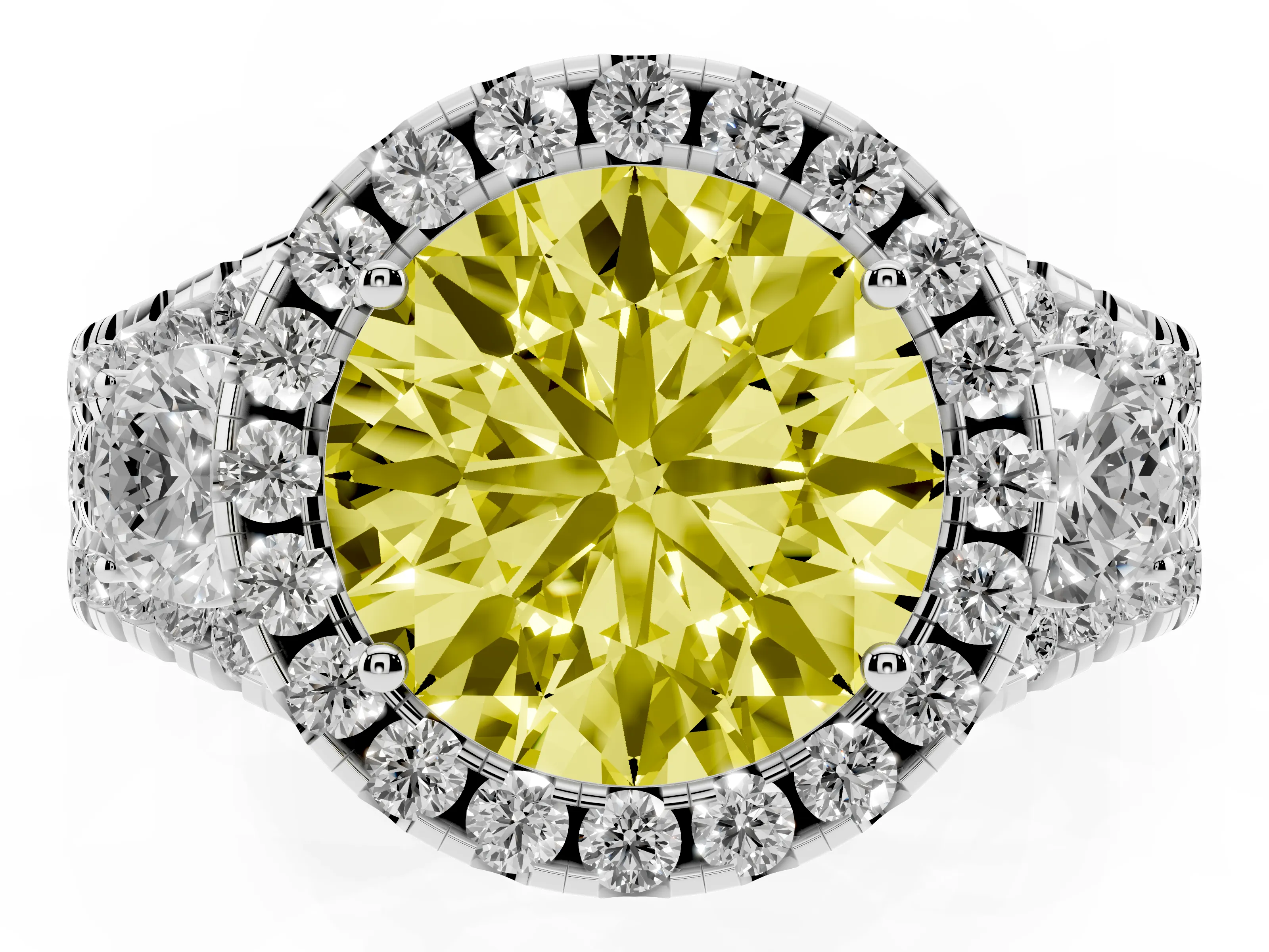 Fancy Yellow Round Cut Diamond Halo Split Shank Ring Set in White gold with Round Accent Stones and Prong Setting