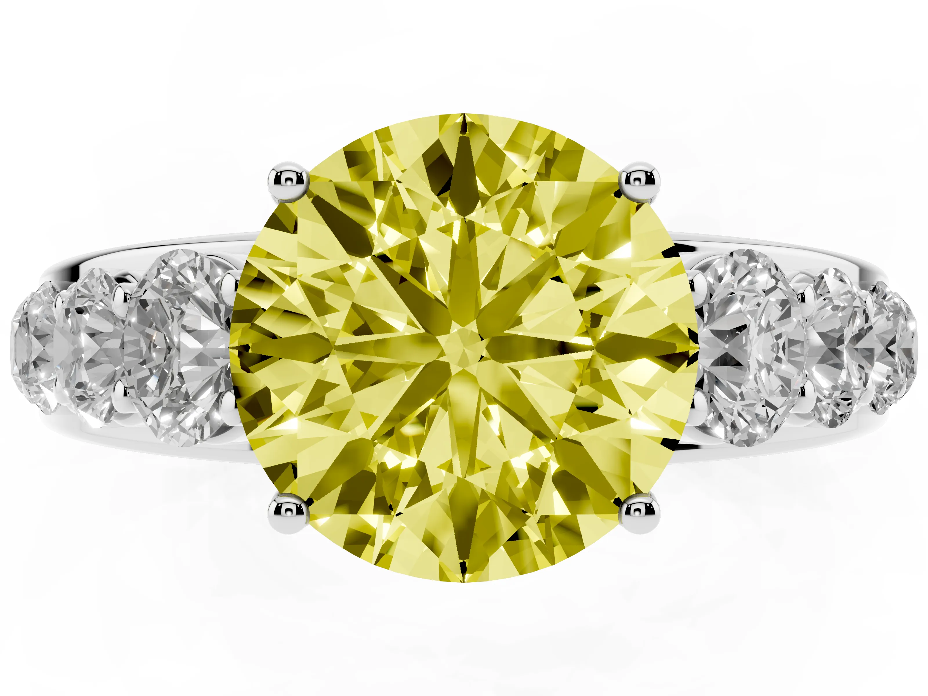 Fancy Yellow Round Cut Diamond Solitaire Ring Set in Platinum with Pavé-Set Band and Prong Setting