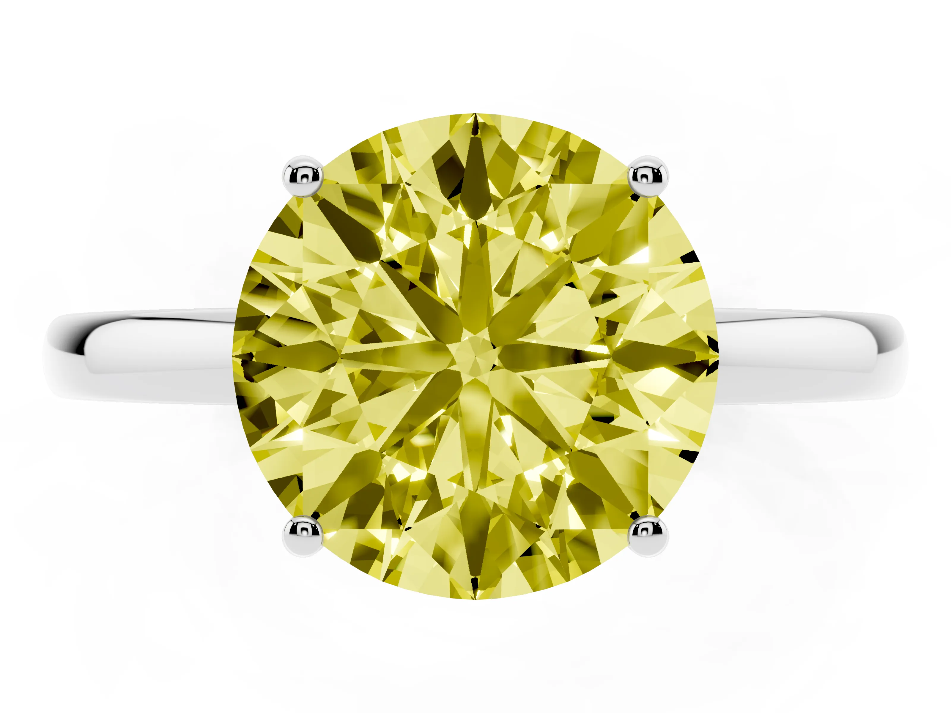 Fancy Yellow Round Cut Diamond Solitaire Ring Set in Platinum with Plain Band and Prong Setting