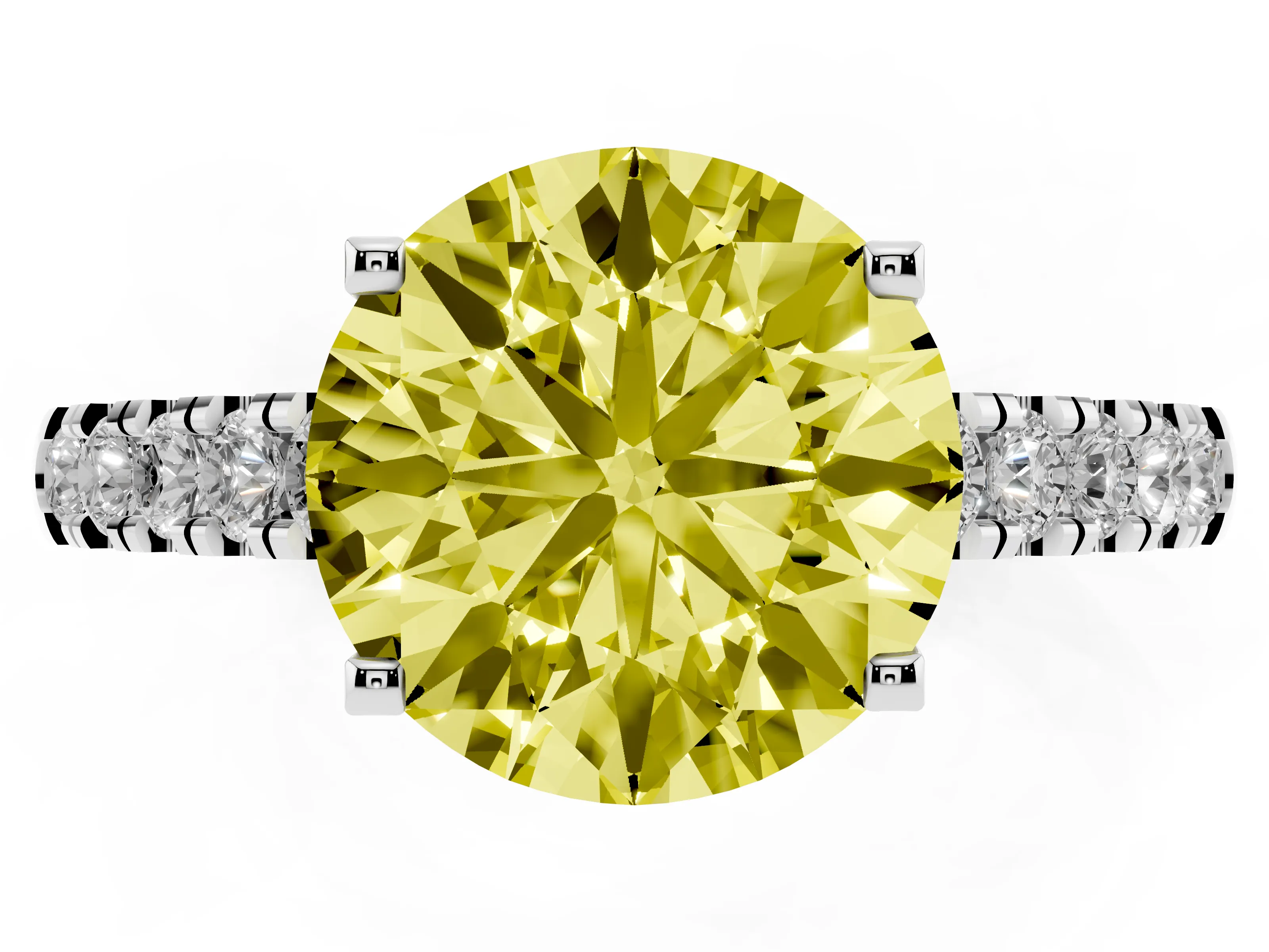 Fancy Yellow Round Cut Diamond Pavé Band Solitaire Ring Set in White gold with Partway Accent Stones and Prong Setting