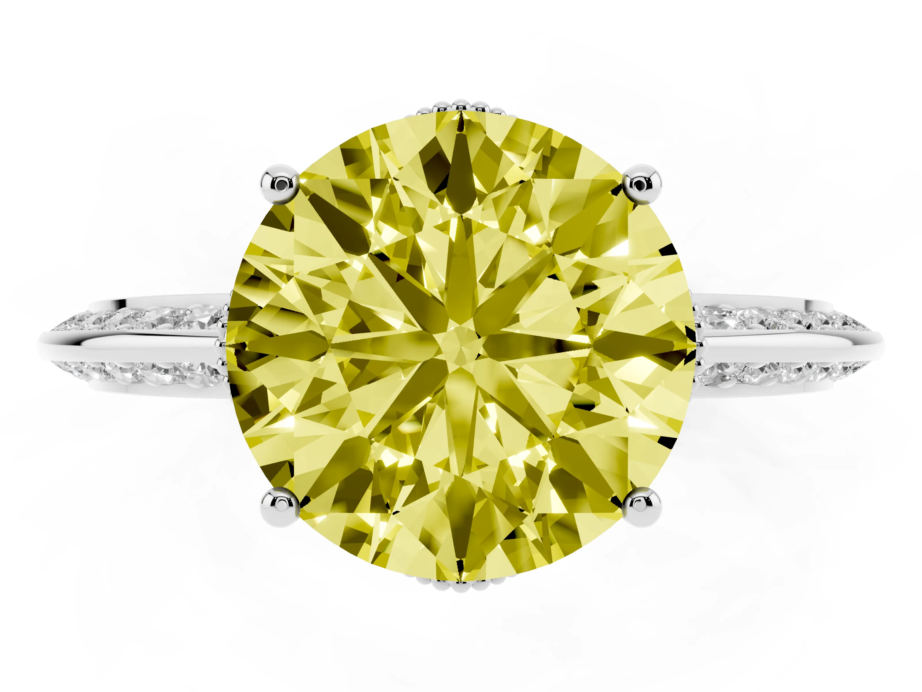Fancy Yellow Round Cut Diamond Solitaire Engagement Ring Set in Silver with Pavé Split Shank and Prong Setting