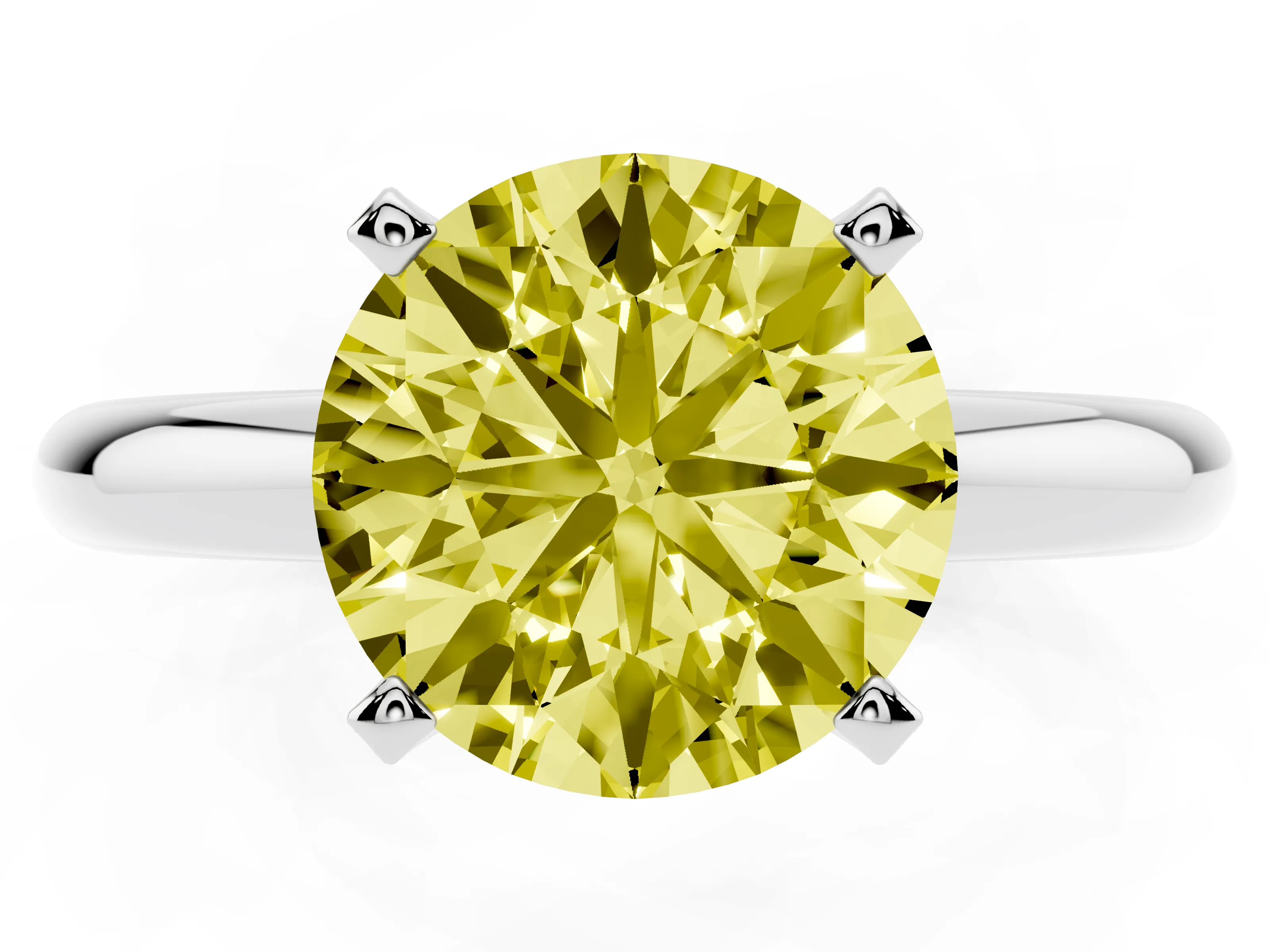 Fancy Yellow Round Cut Diamond Solitaire Engagement Ring Set in White gold with Round Band and Prong Setting