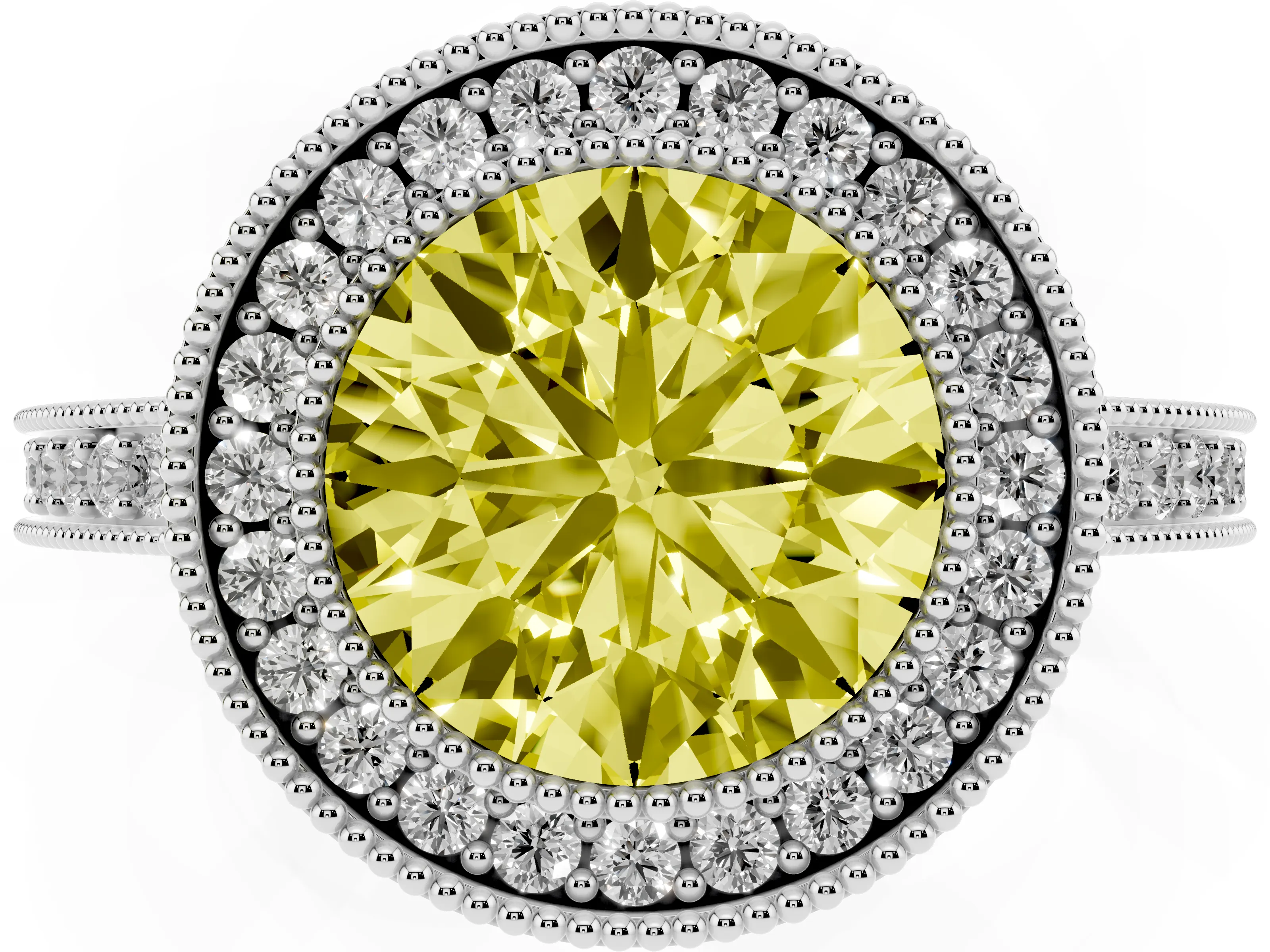 Fancy Yellow Round Cut Diamond Round Halo Ring Set in White gold with Pavé Band