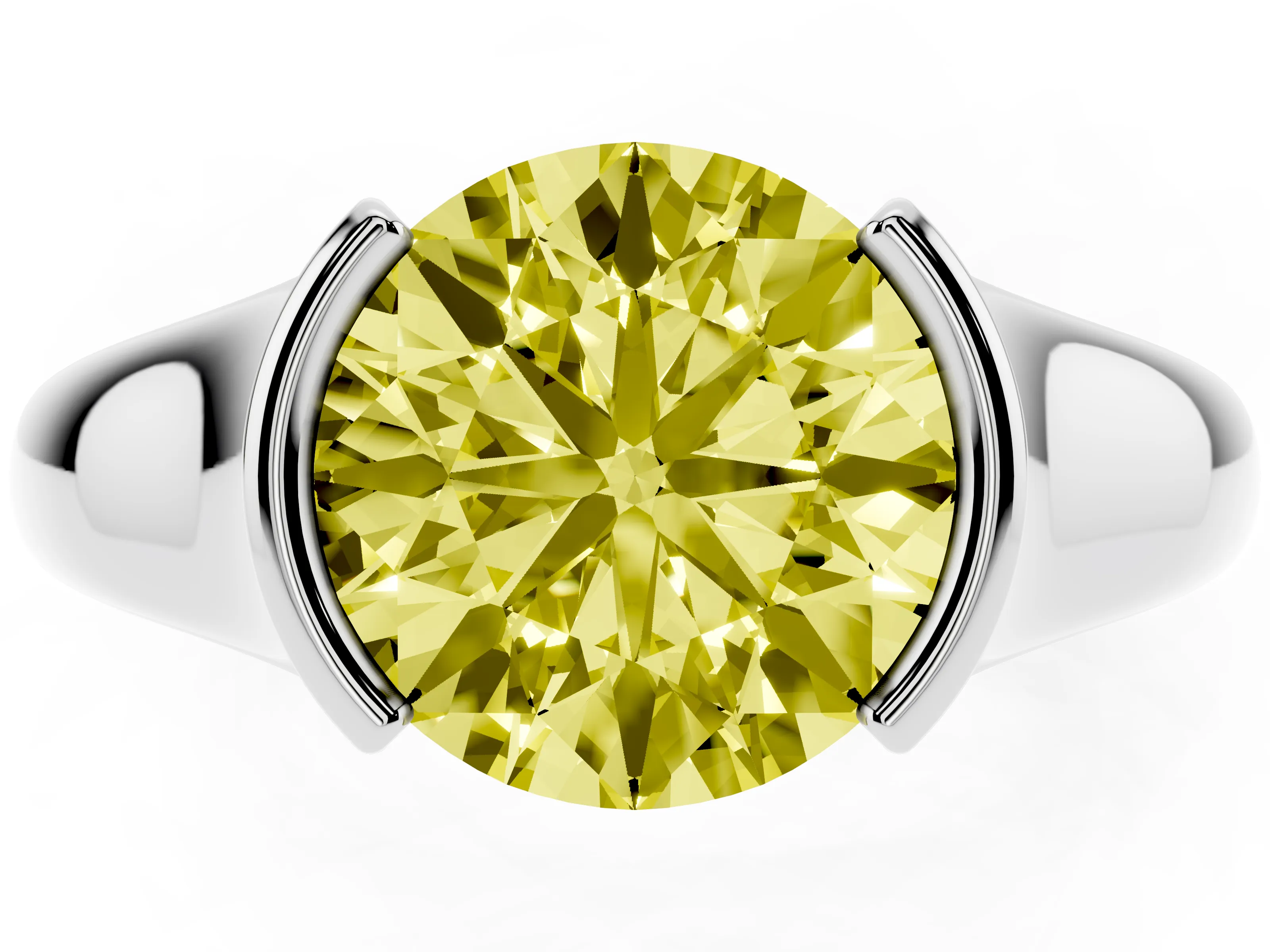 Fancy Yellow Round Cut Diamond Solitaire Tension Set Ring Set in Silver with Split Shank Band