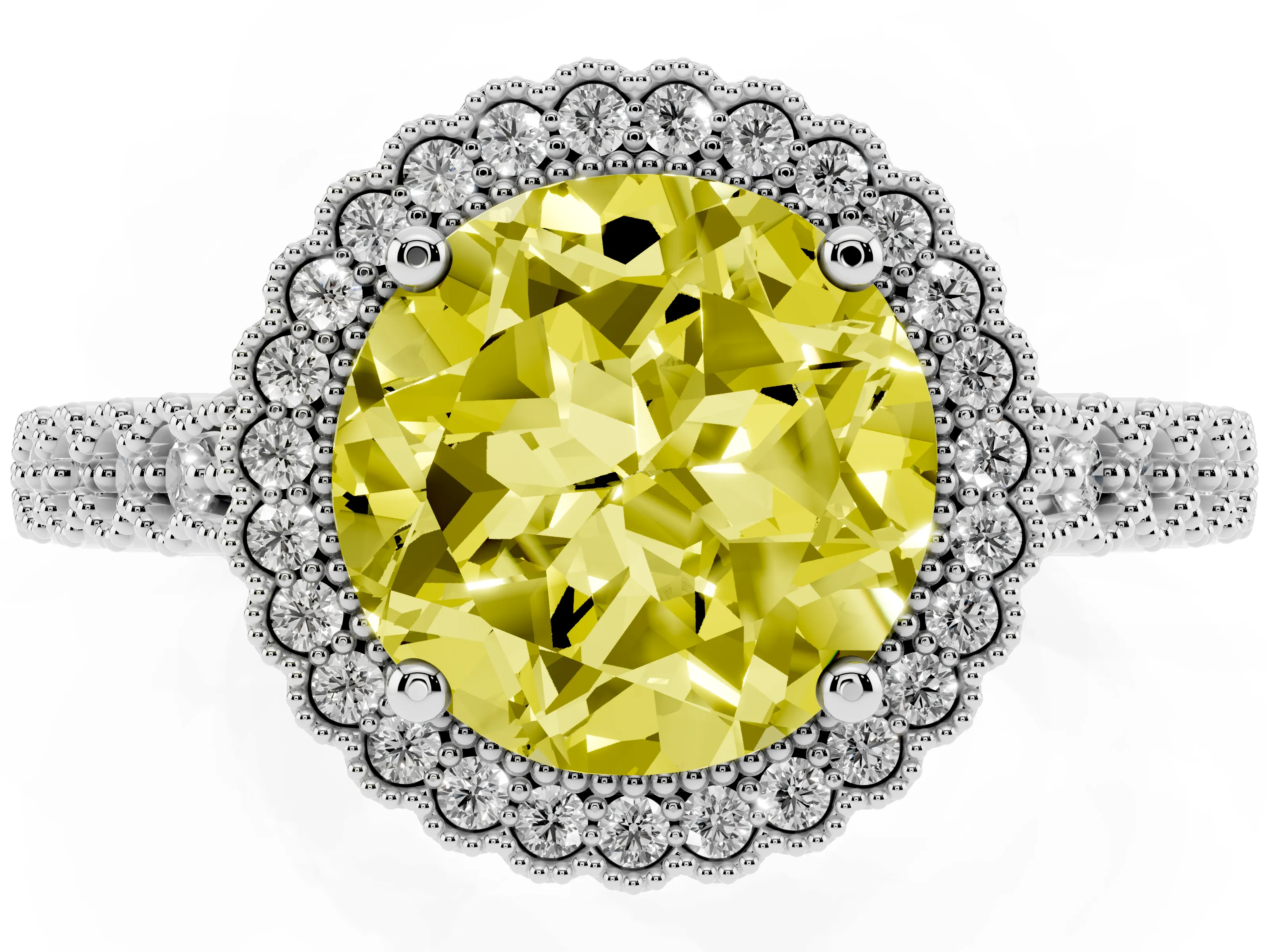 Fancy Yellow Round Cut Diamond Halo Ring Set in Platinum with Pavé Milgrain Band