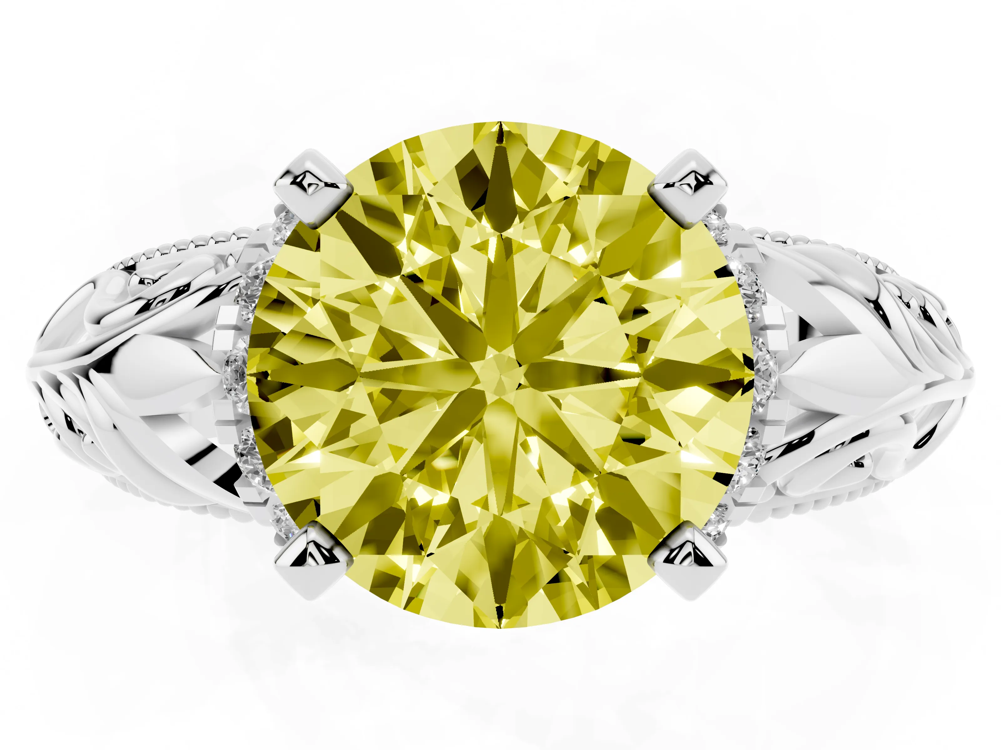Fancy Yellow Round Cut Diamond Filigree Halo Engagement Ring Set in Platinum with Prong Setting