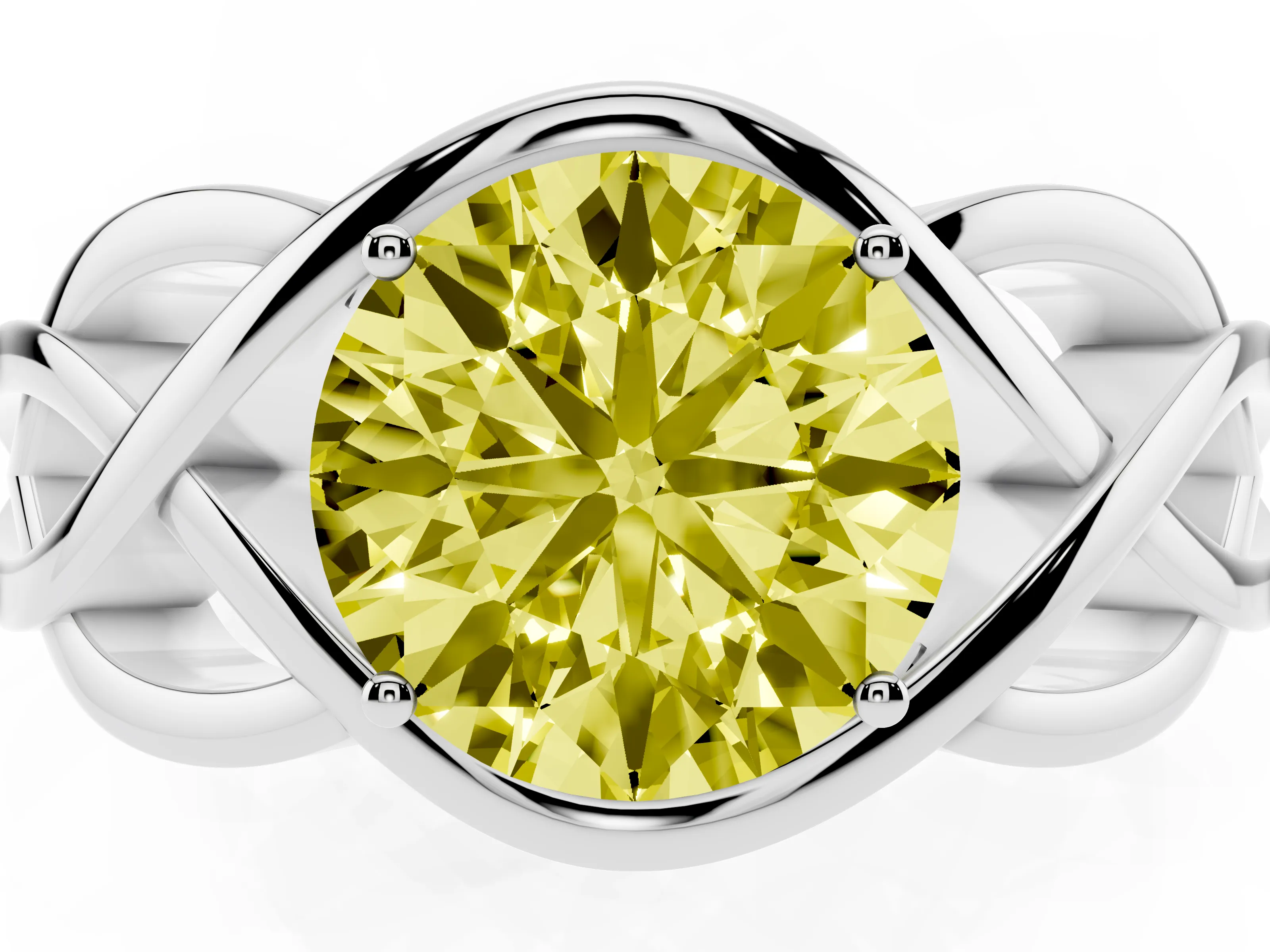 Fancy Yellow Round Cut Diamond Solitaire Ring Set in Platinum with Intertwined Band
