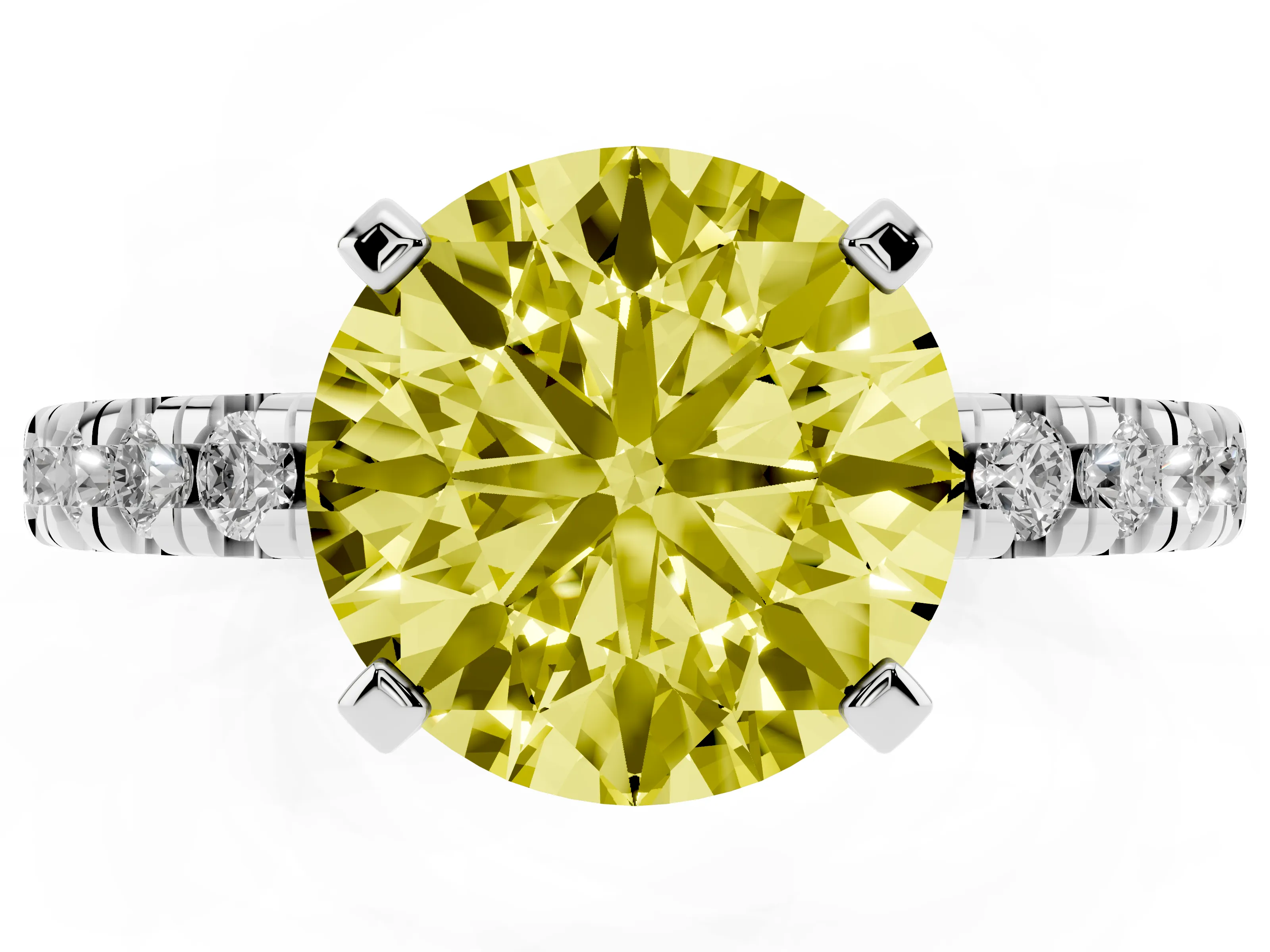 Fancy Yellow Round Cut Diamond Solitaire Pavé Engagement Ring Set in White gold with Round Band and Prong Setting