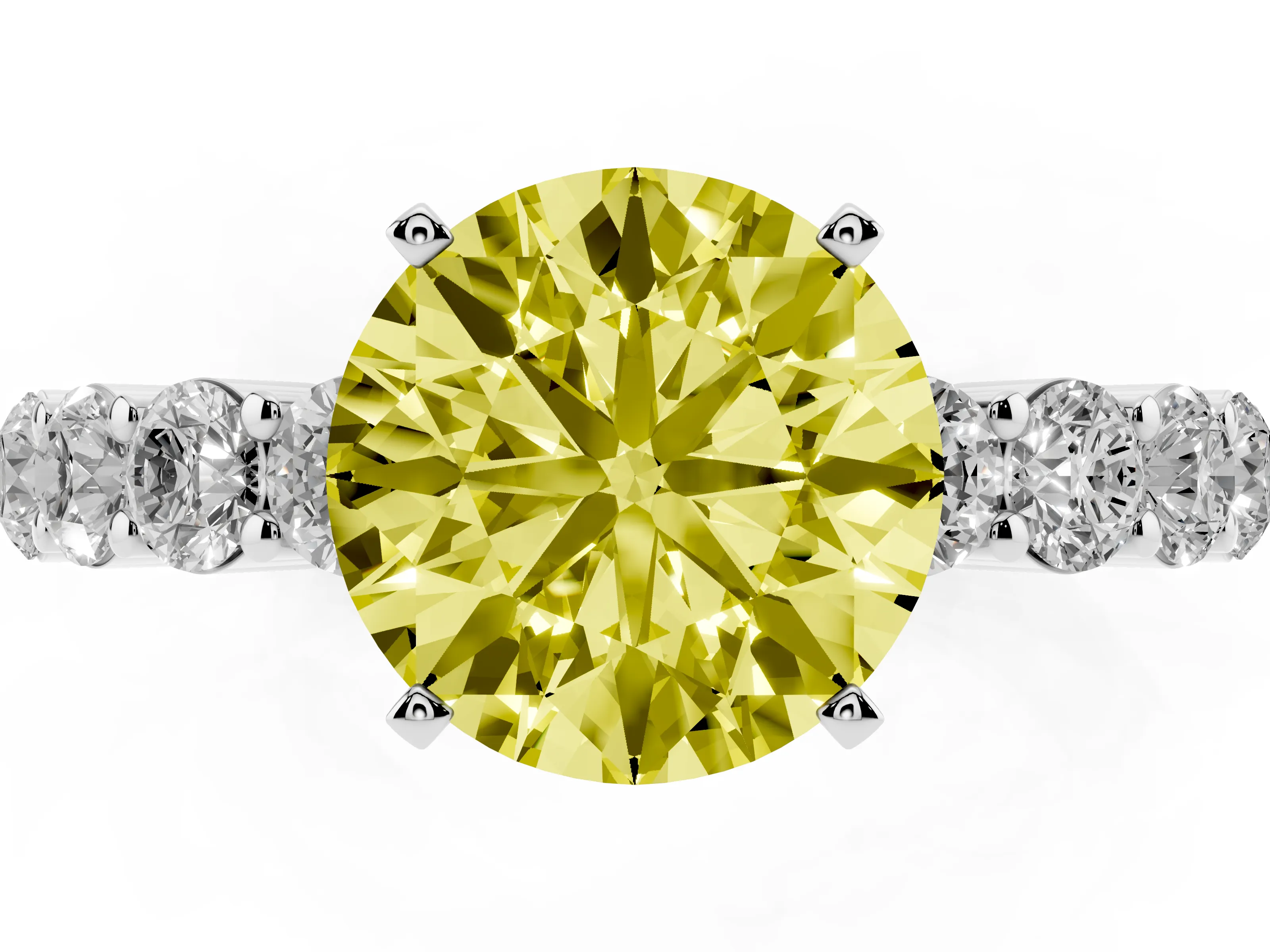 Fancy Yellow Round Cut Diamond Solitaire Ring Set in Platinum with Shared Prong Round Side Stones