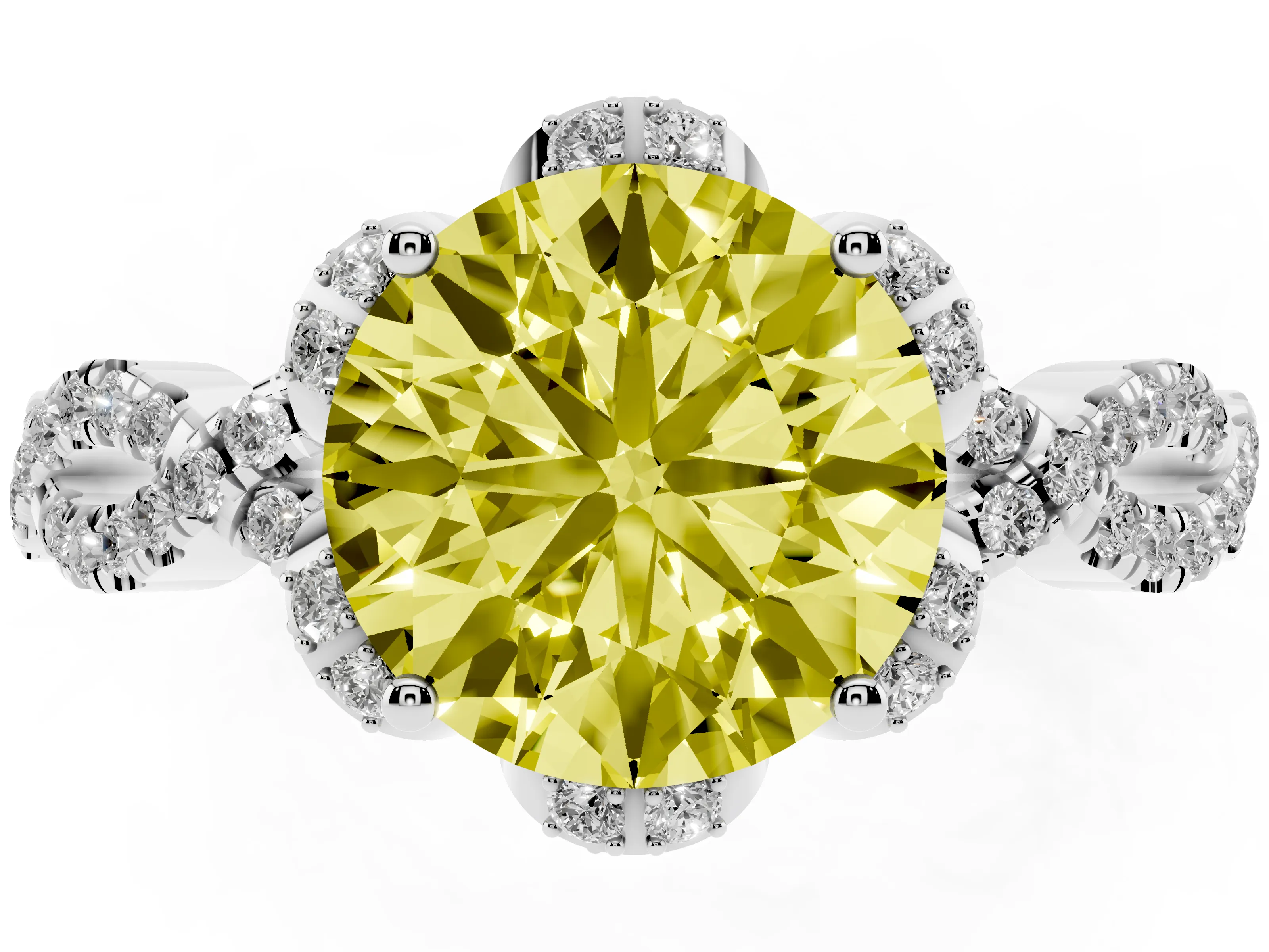 Fancy Yellow Round Cut Diamond Halo Twist Band Solitaire Ring Set in White gold with Prong-Set Center Stone