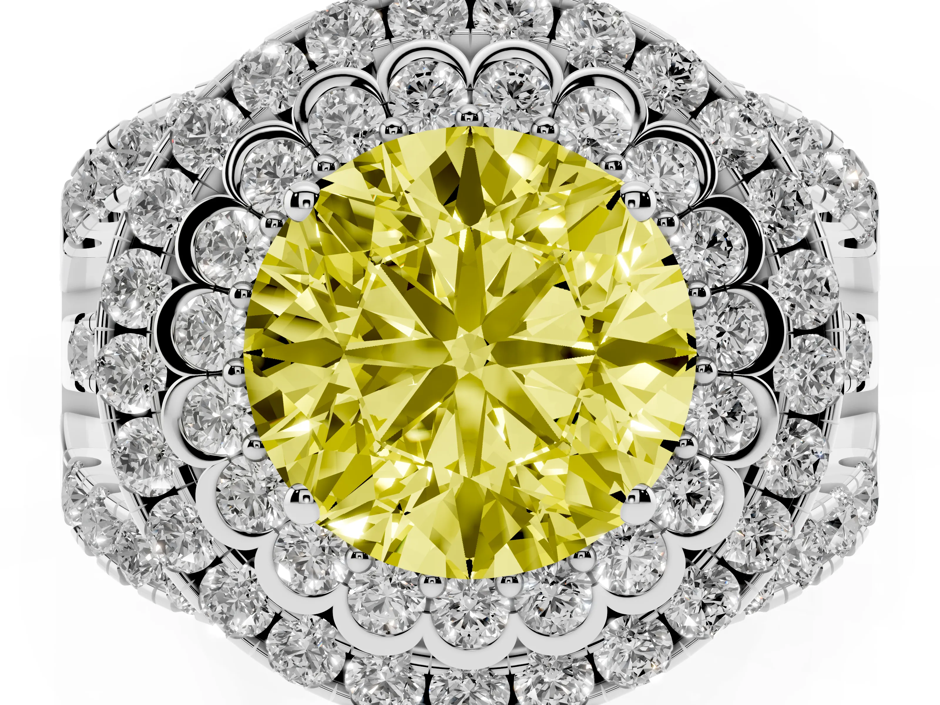 Fancy Yellow Round Cut Diamond Double Halo Ring Set in Silver with Round Pavé Split Shank