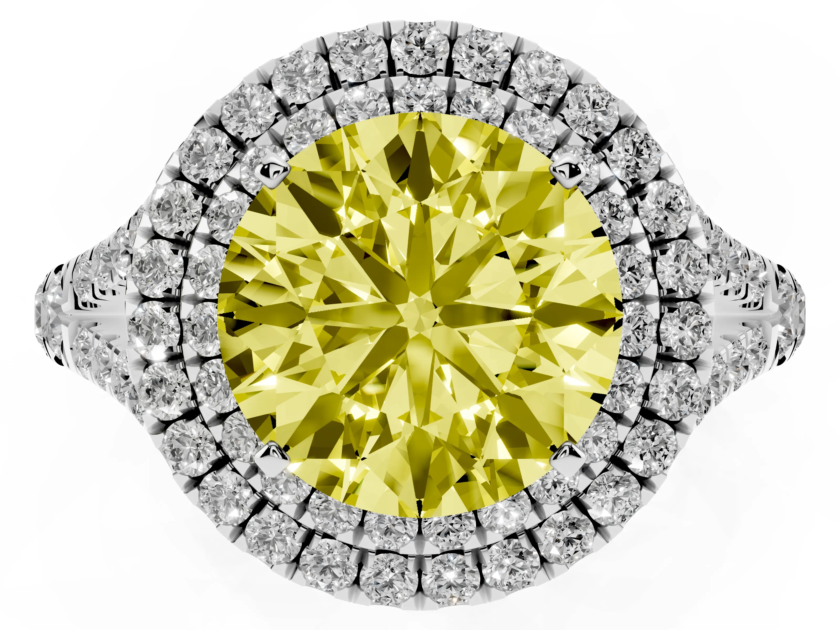 Fancy Yellow Round Cut Diamond Pavé Split Shank Double Halo Engagement Ring Set in Silver