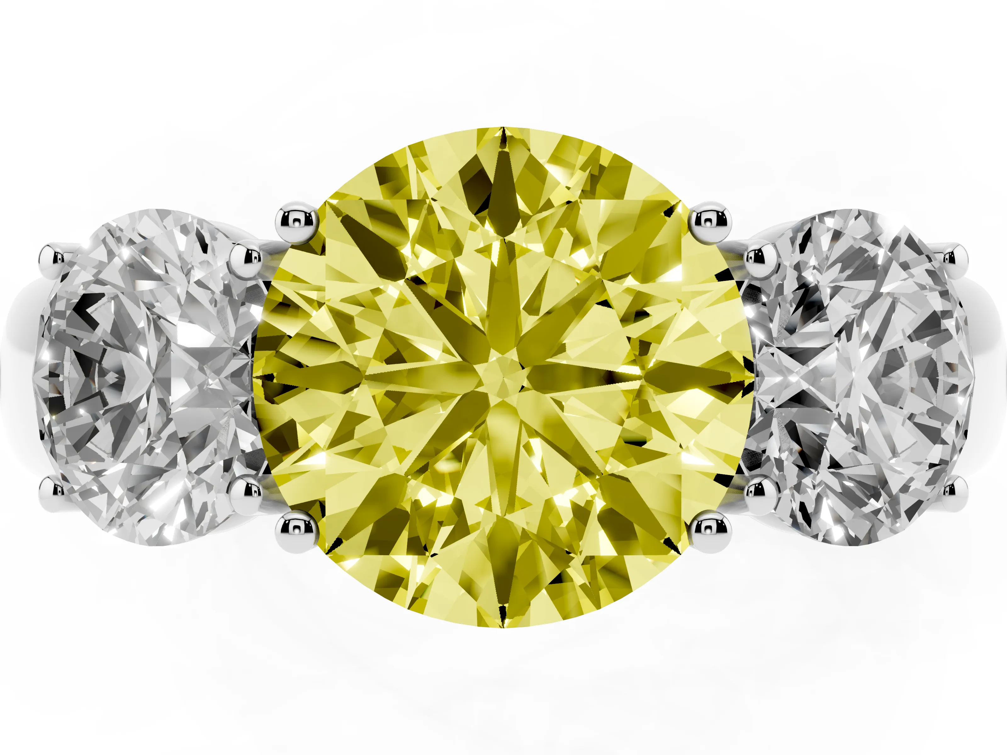 Fancy Yellow Three-Stone Round Cut Diamond Ring Set in White gold with Matching Prong Settings and Plain Band