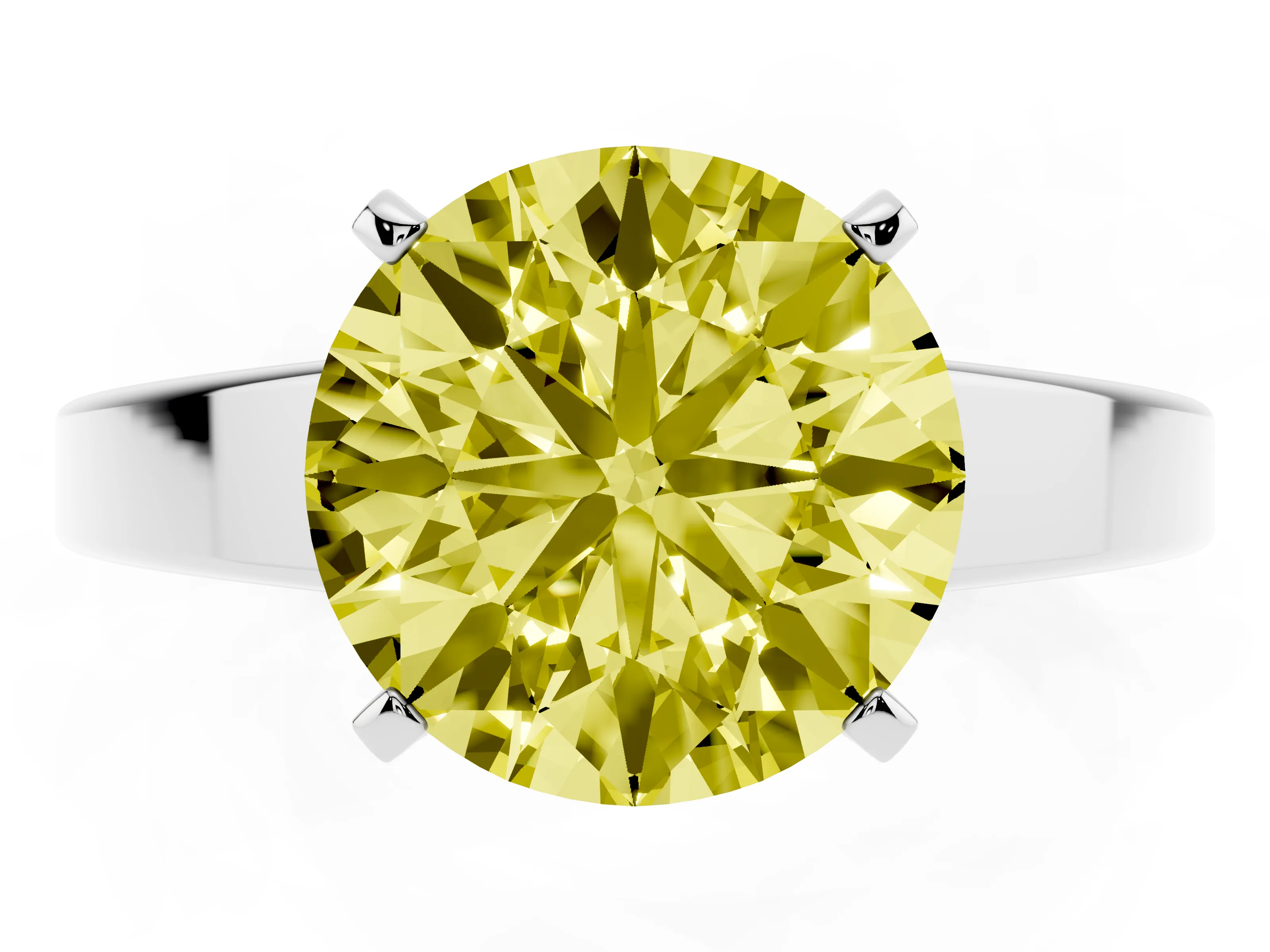 Fancy Yellow Round Cut Diamond Solitaire Engagement Ring Set in White gold with Prong Setting and Tapered Band