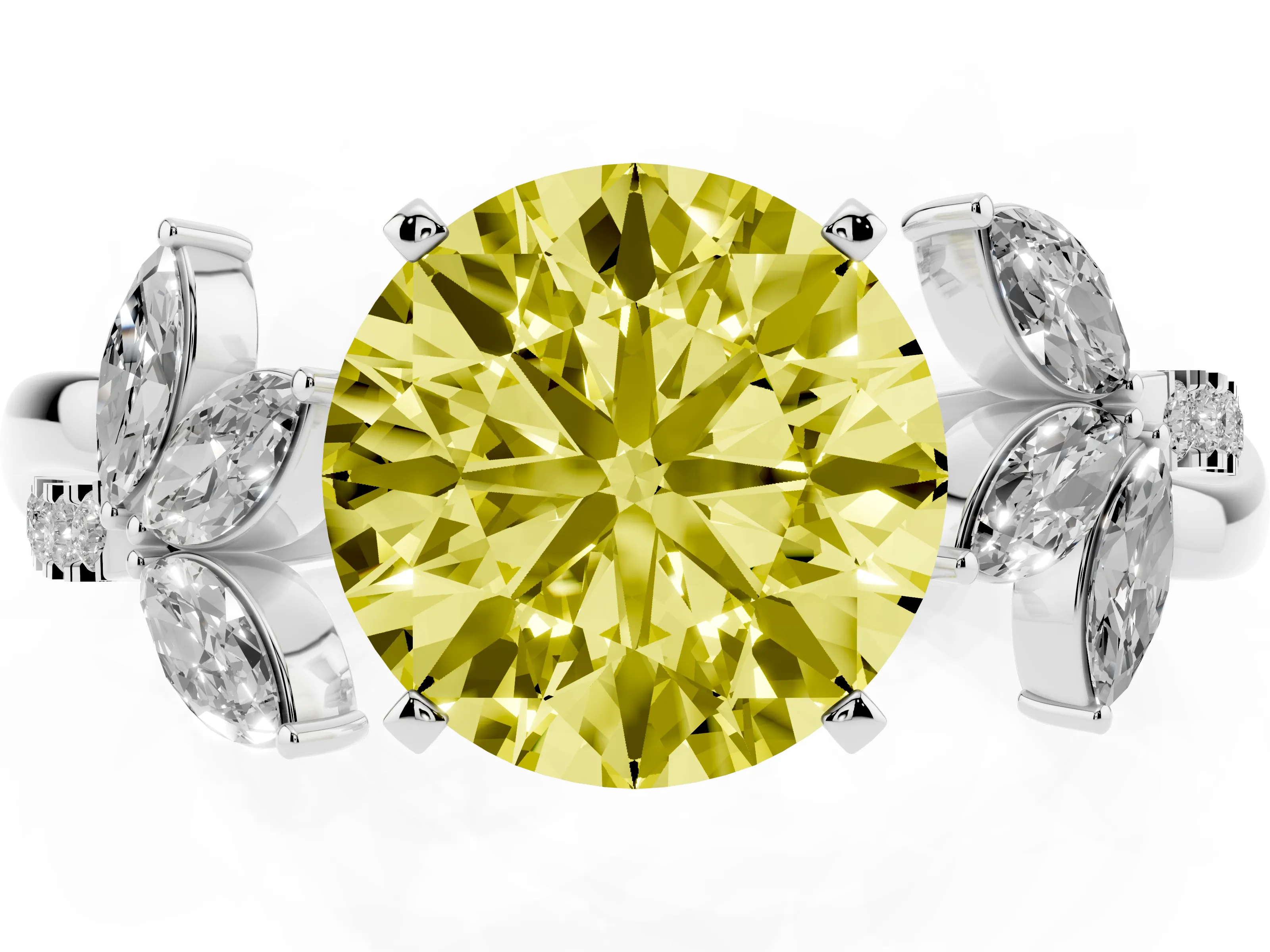 Fancy Yellow Round Cut Diamond Floral Vine Solitaire Engagement Ring Set in White gold with Marquise Leaves