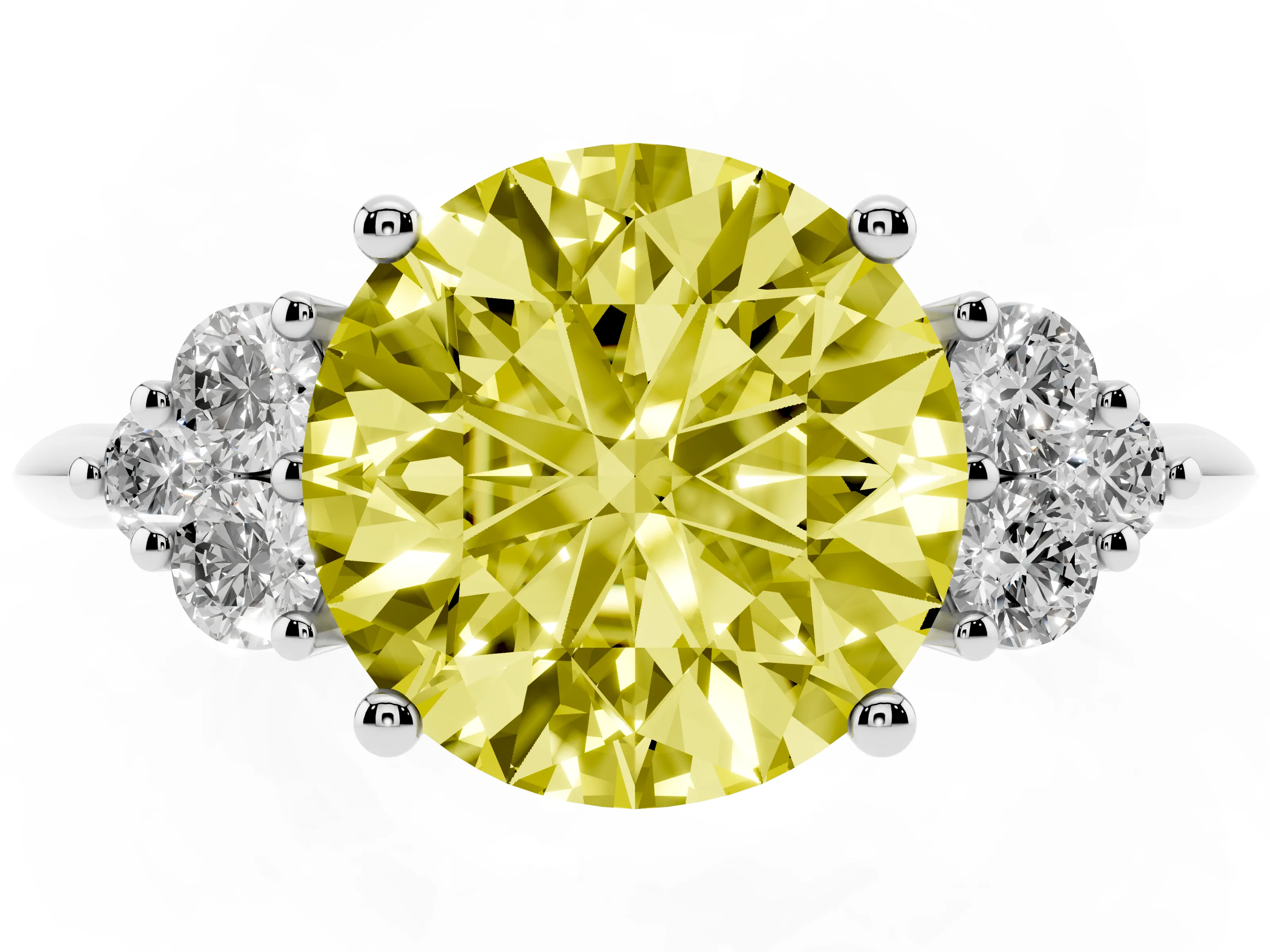 Fancy Yellow Round Cut Diamond Cluster Ring Set in Platinum with Plain Band and Prong Setting