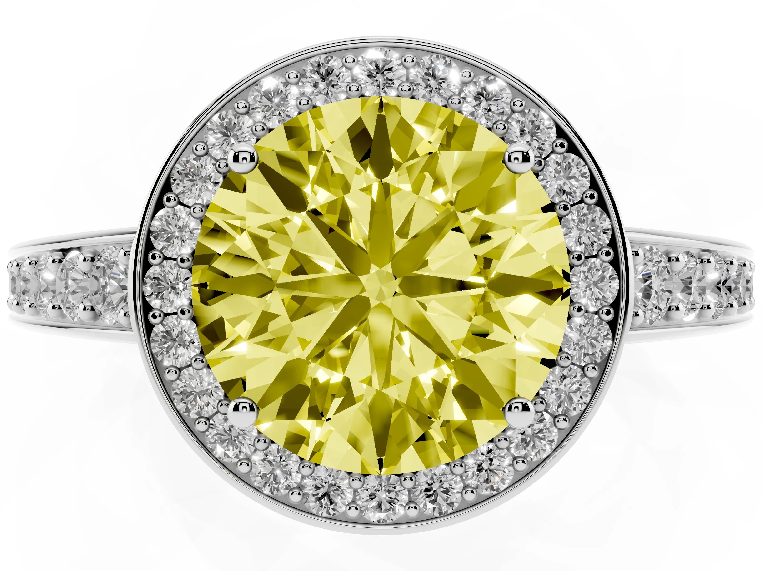 Fancy Yellow Round Cut Diamond Halo Pavé Engagement Ring Set in Platinum with Bezel Setting