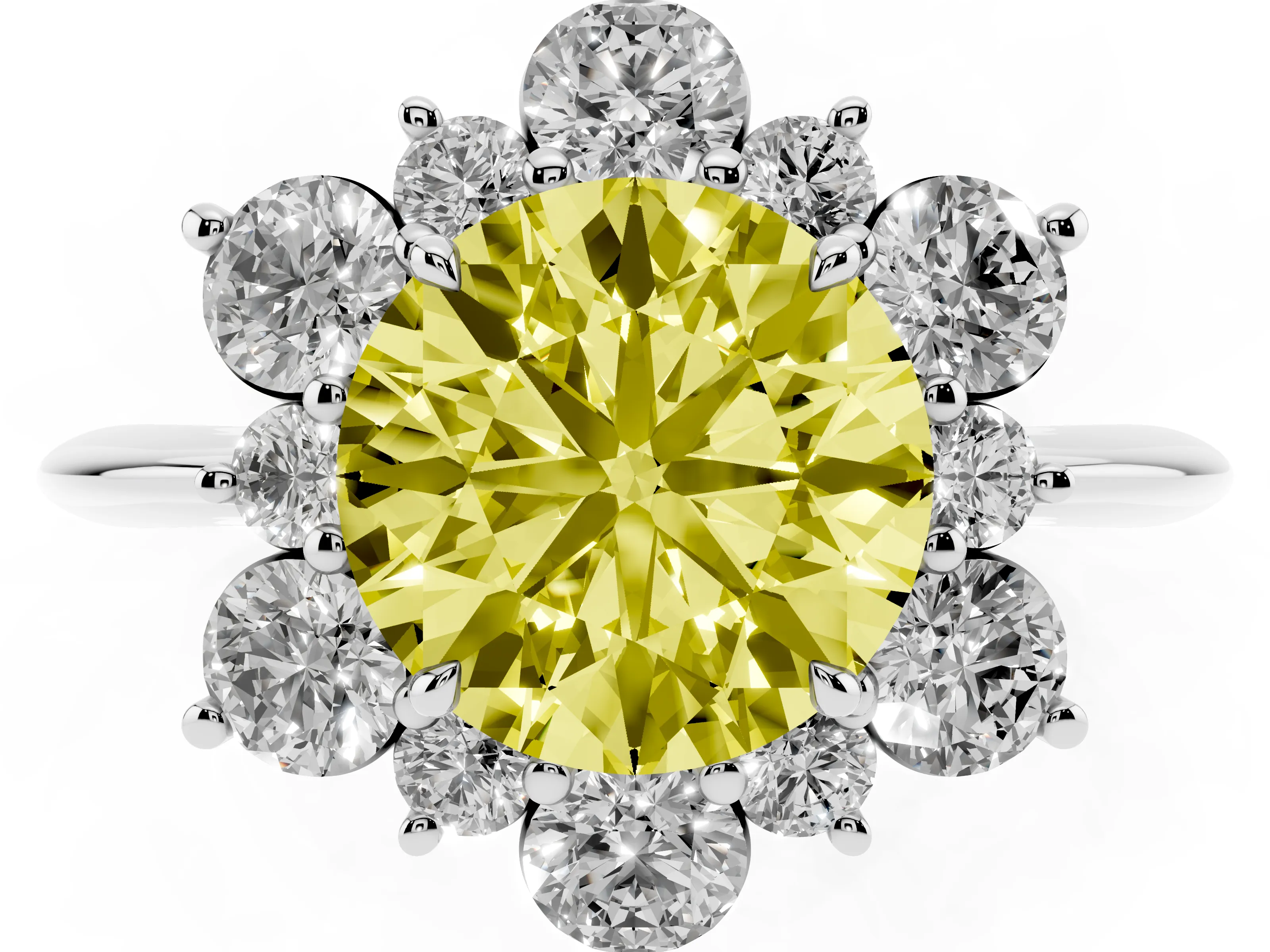 Fancy Yellow Round Cut Diamond Cluster Halo Ring Set in Silver with Solitaire Band and Prong Setting