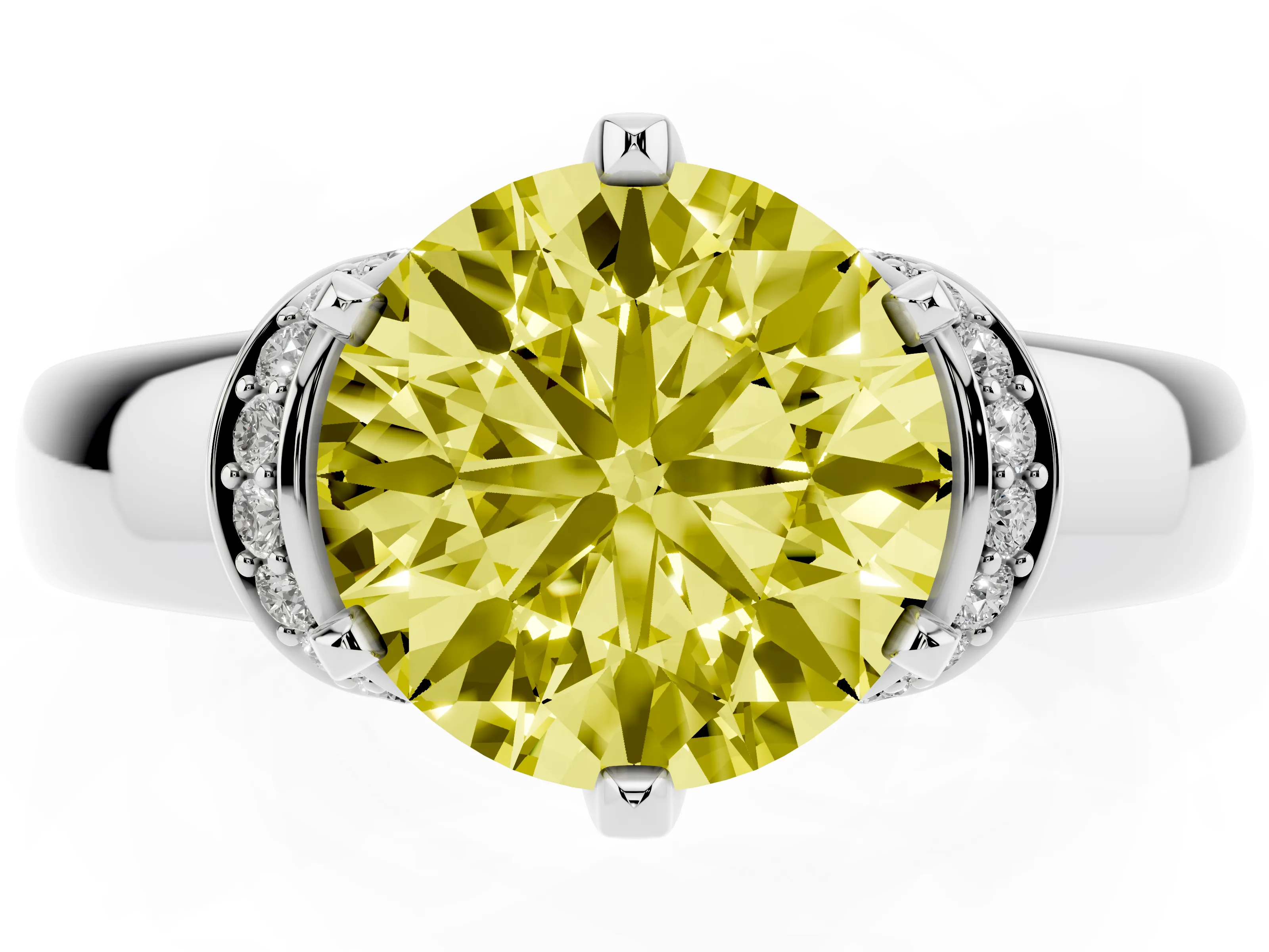 Fancy Yellow Round Cut Diamond Pavé Band Solitaire Ring Set in Silver with Prong Setting