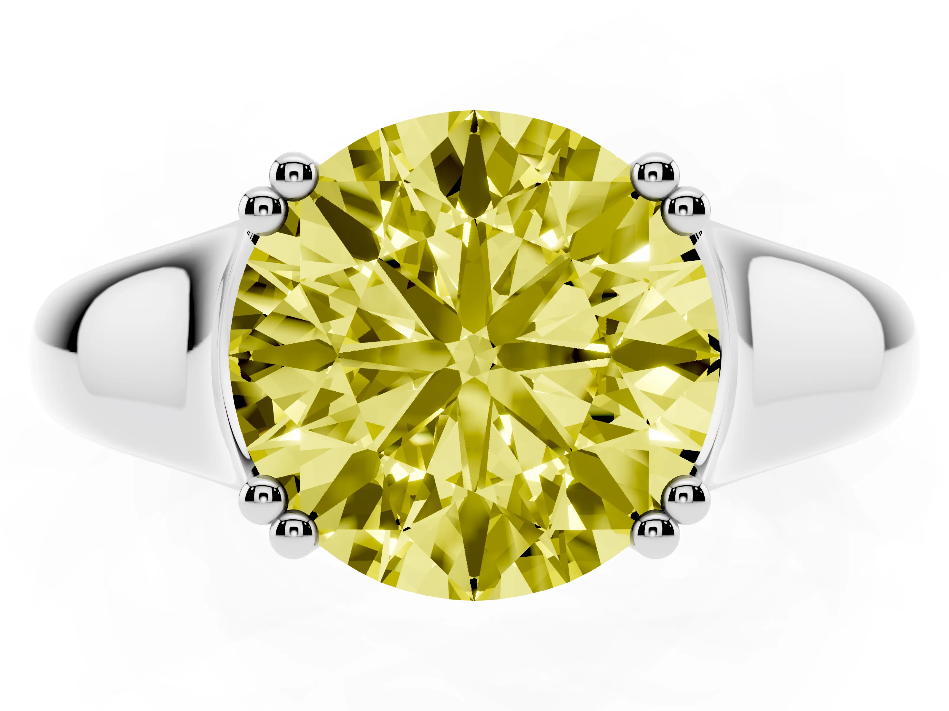 Fancy Yellow Round Cut Diamond Solitaire Ring Set in Platinum with Wide Band and Prong Setting