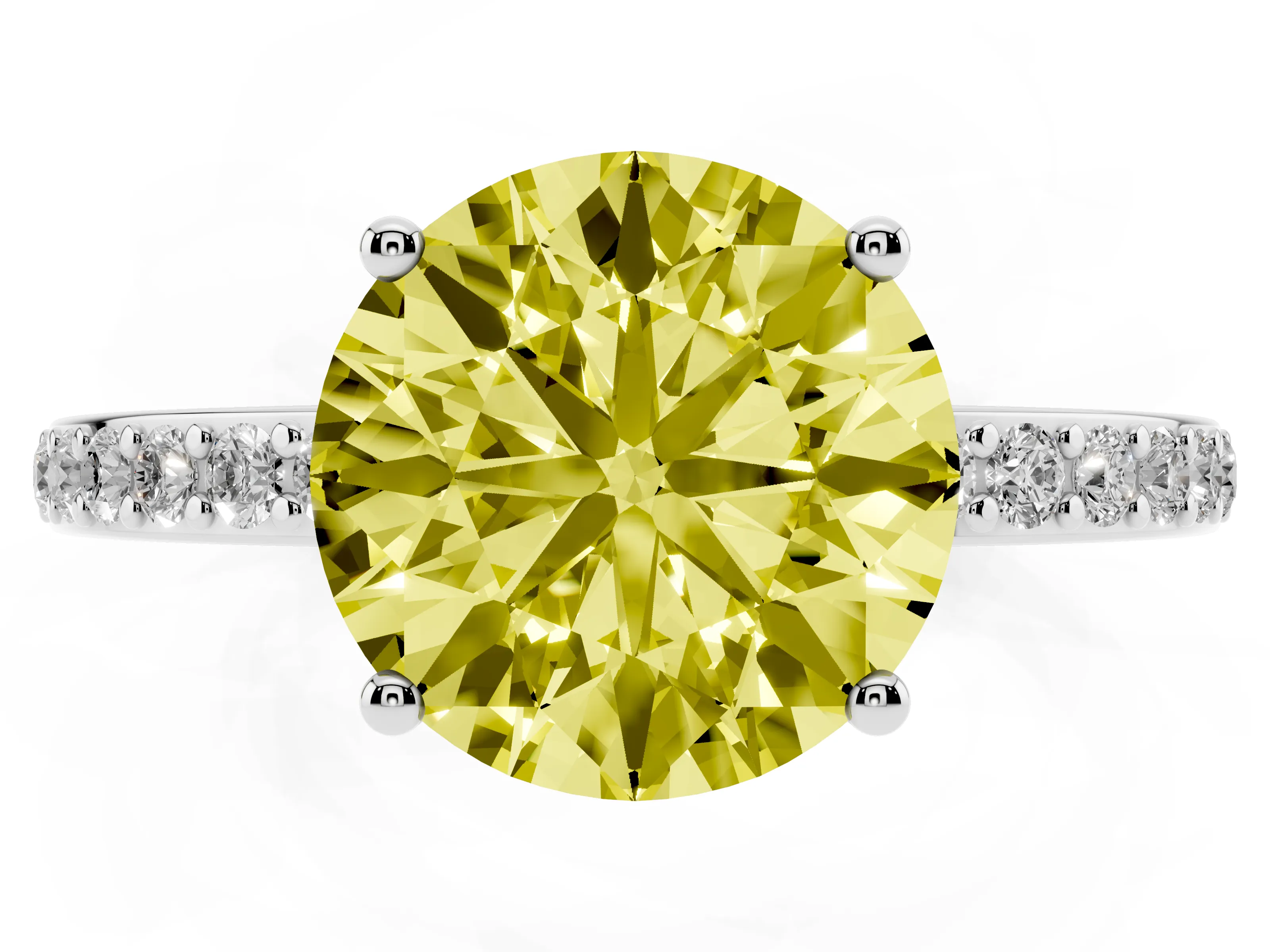 Fancy Yellow Round Cut Diamond Pavé Band Ring Set in Silver with Prong-Set Center Stone