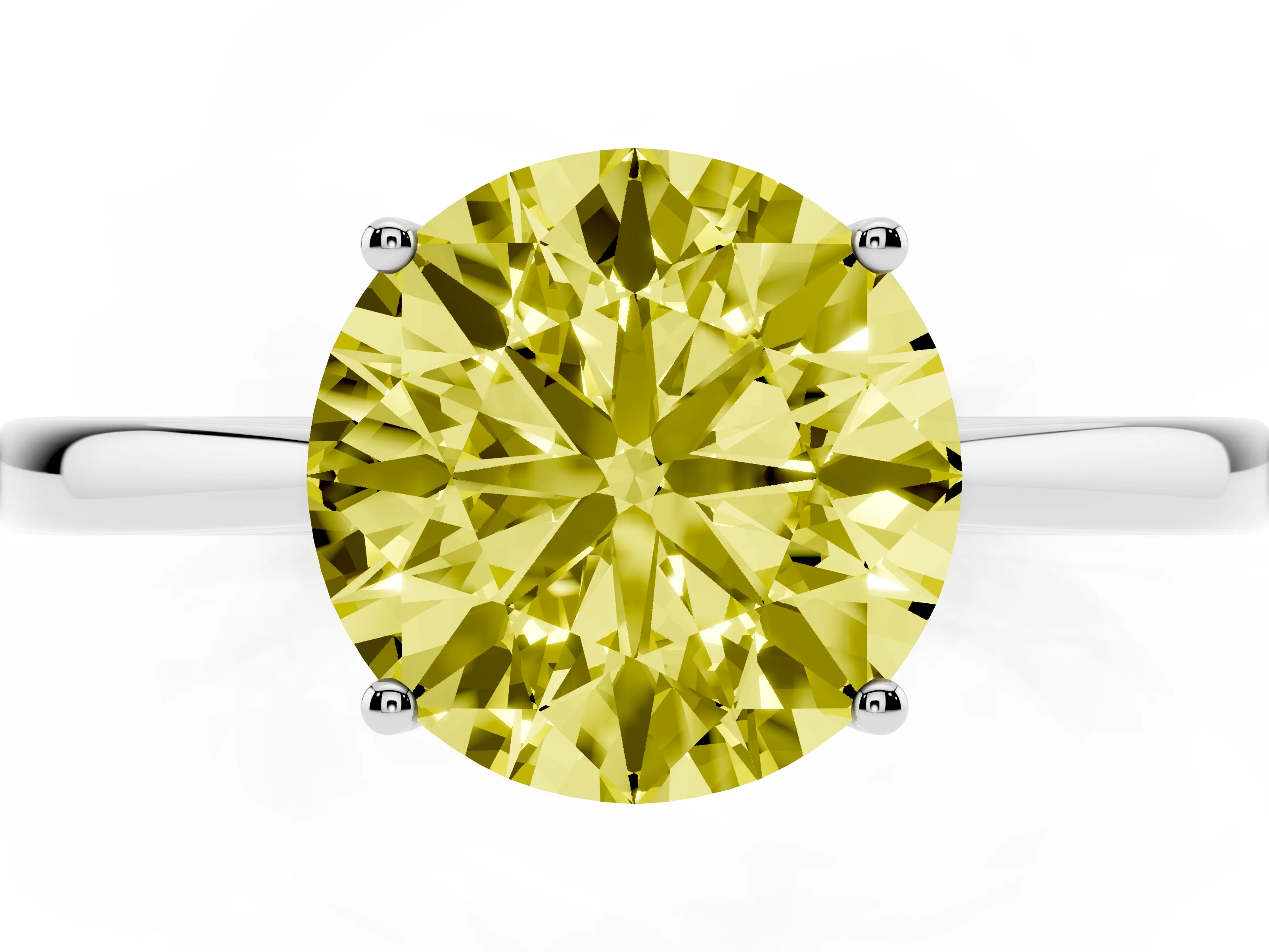 Fancy Yellow Round Cut Diamond Solitaire Ring Set in Platinum with Split Shank and Prong Setting