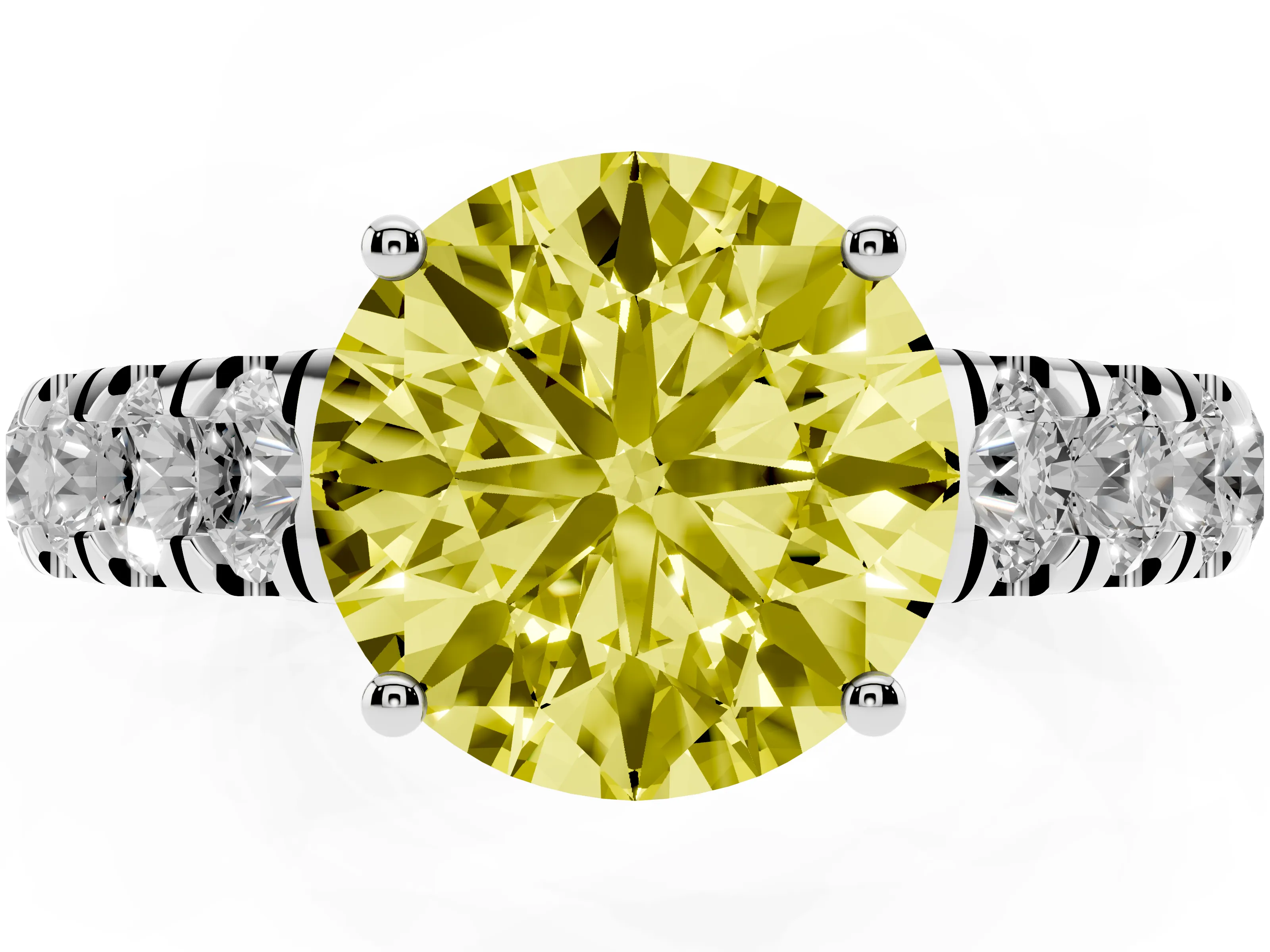 Fancy Yellow Round Cut Diamond Solitaire Ring Set in Platinum with Cut-Down Micro Pavé Band and Prong Setting