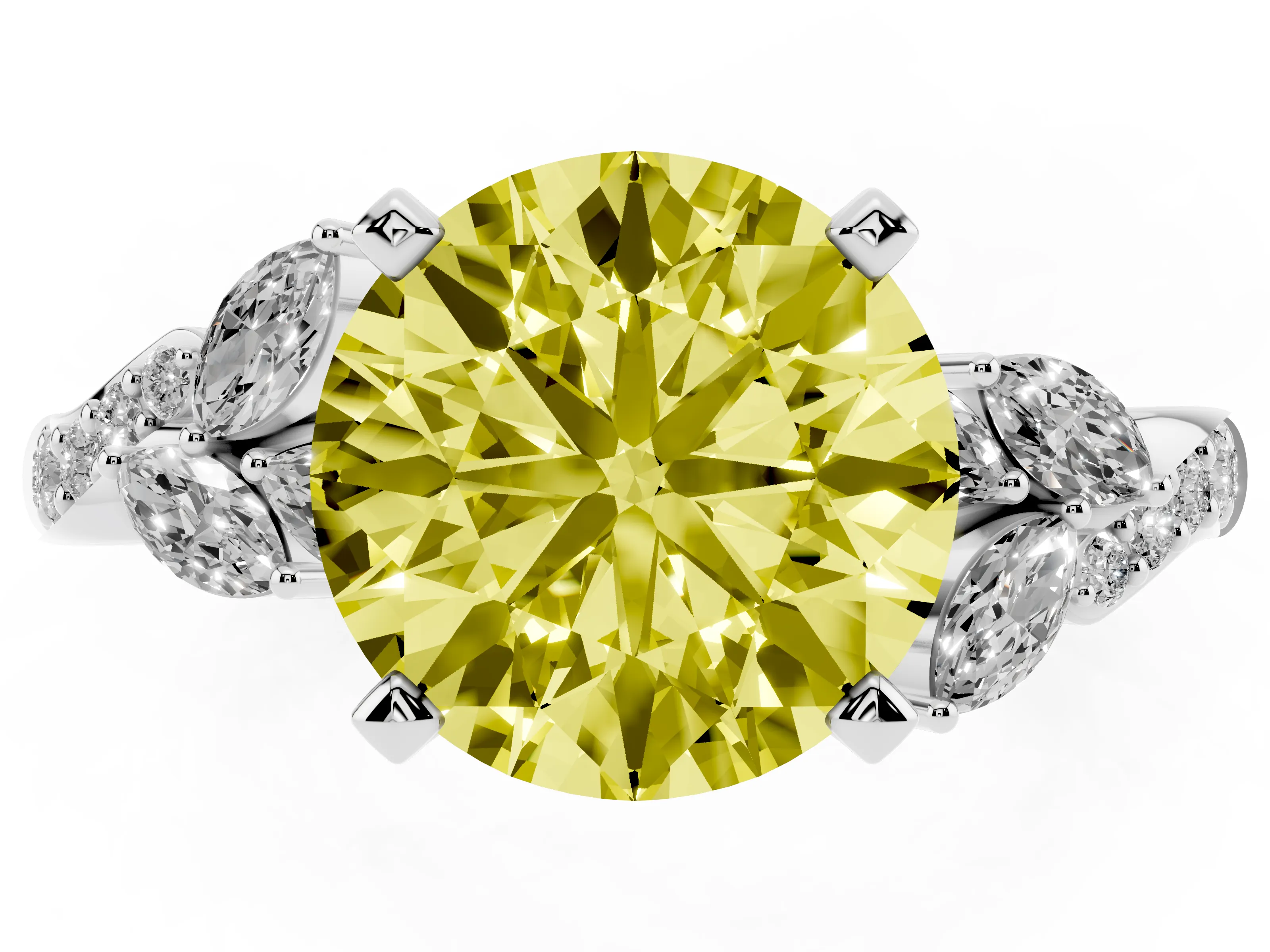 Fancy Yellow Round Cut Diamond Solitaire Ring Set in Silver with Marquise Twist Band and Prong Setting