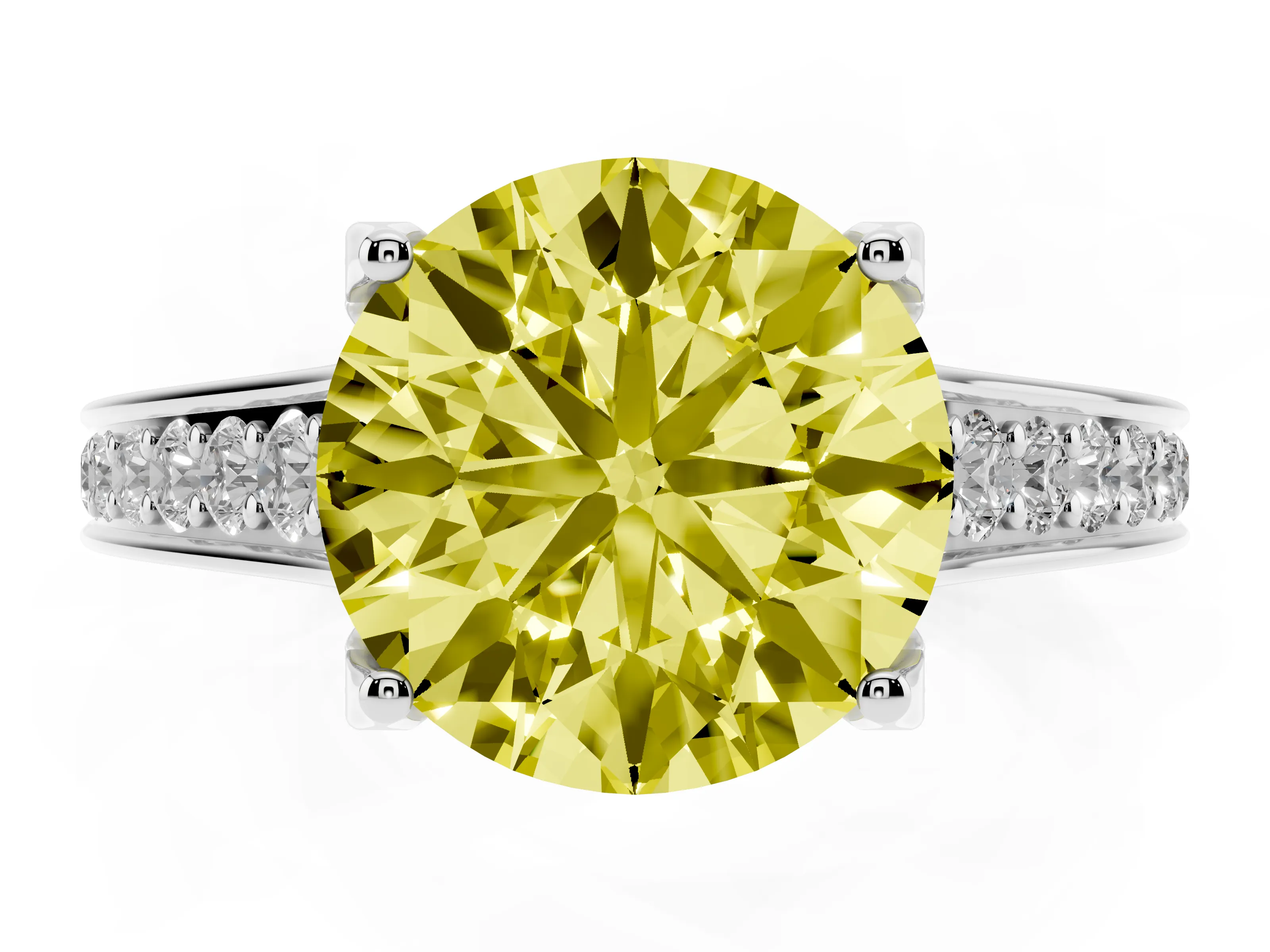 Fancy Yellow Round Cut Diamond Solitaire Pavé Engagement Ring Set in White gold with Prong Setting