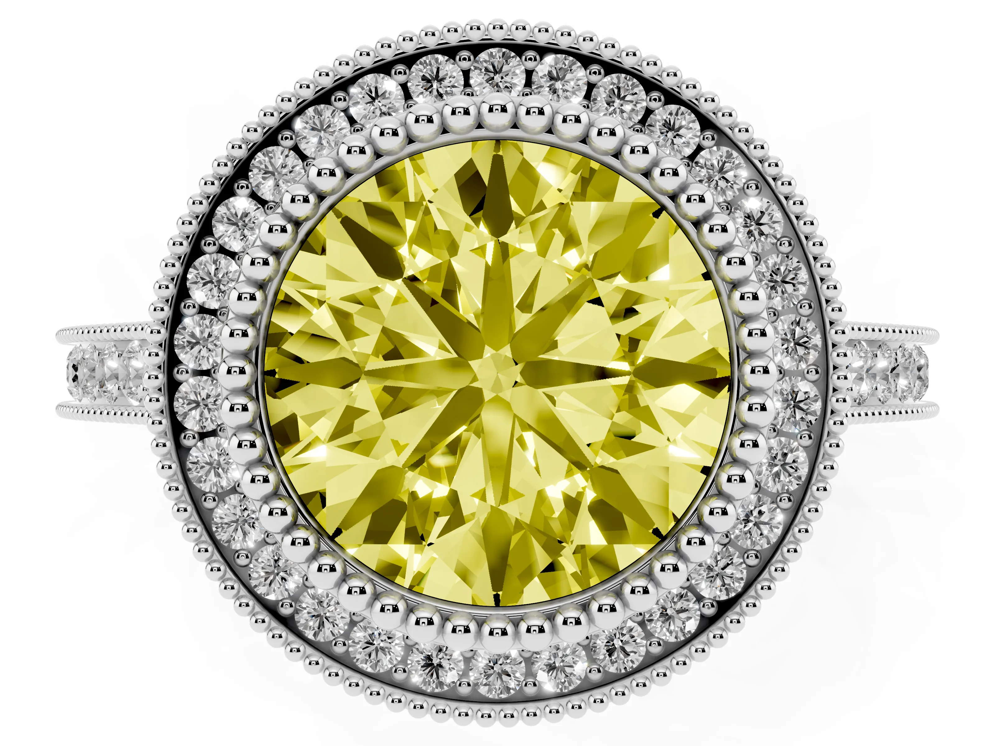 Fancy Yellow Round Cut Diamond Halo Ring Set in Silver with Milgrain Frame and Pavé Band