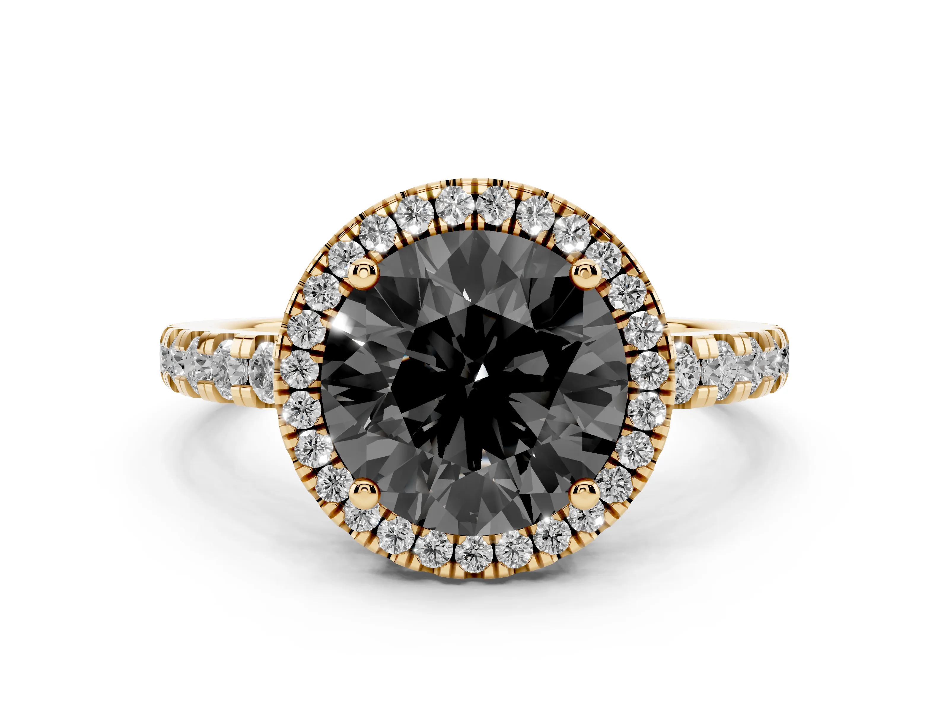 Fancy Black Round Cut Diamond Halo Ring Set in Yellow gold with Delicate Pavé Band and Prong Setting